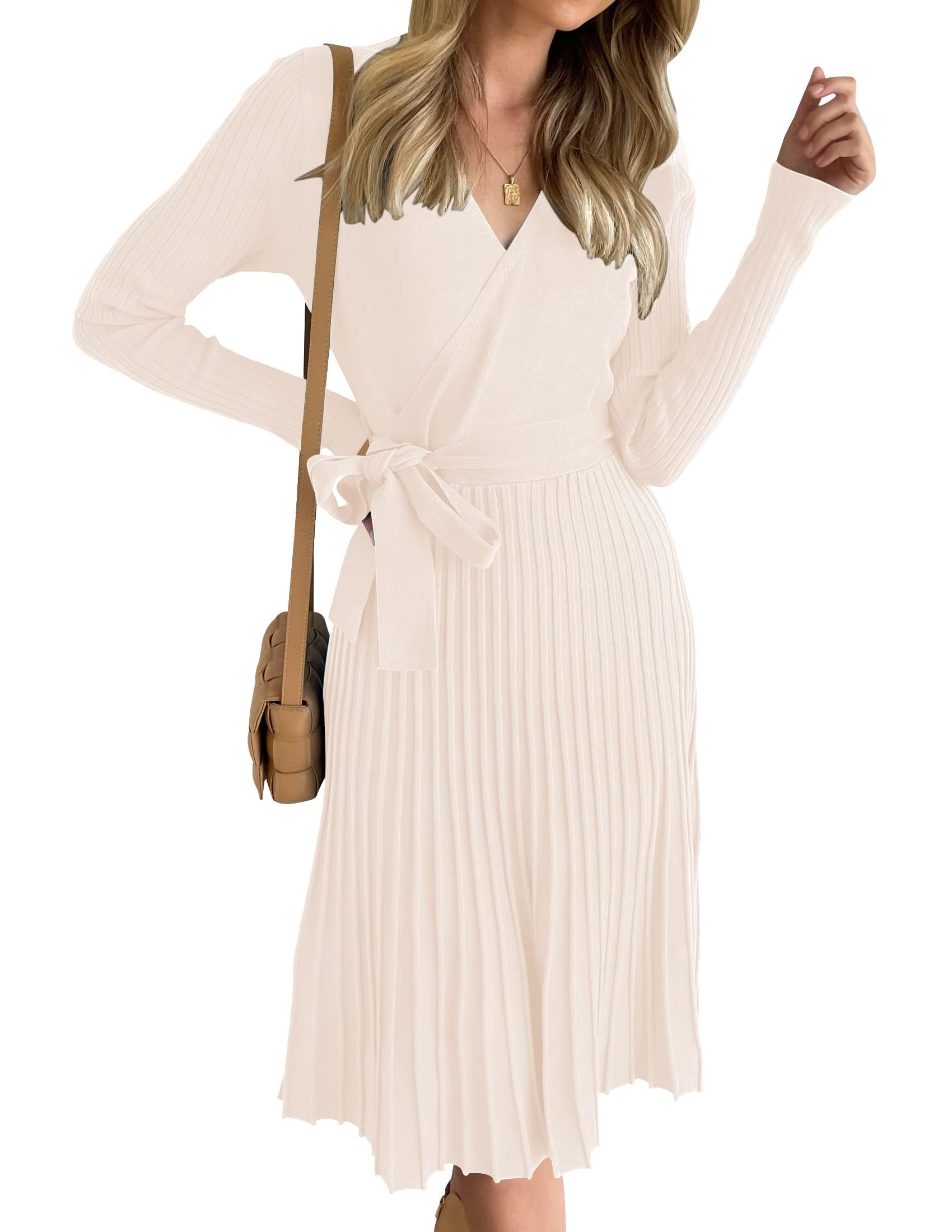 ZESICA Women's Fall Long Sleeve Wrap V Neck Ribbed Knit Pleated A Line Pullover Sweater Dress with Belt
