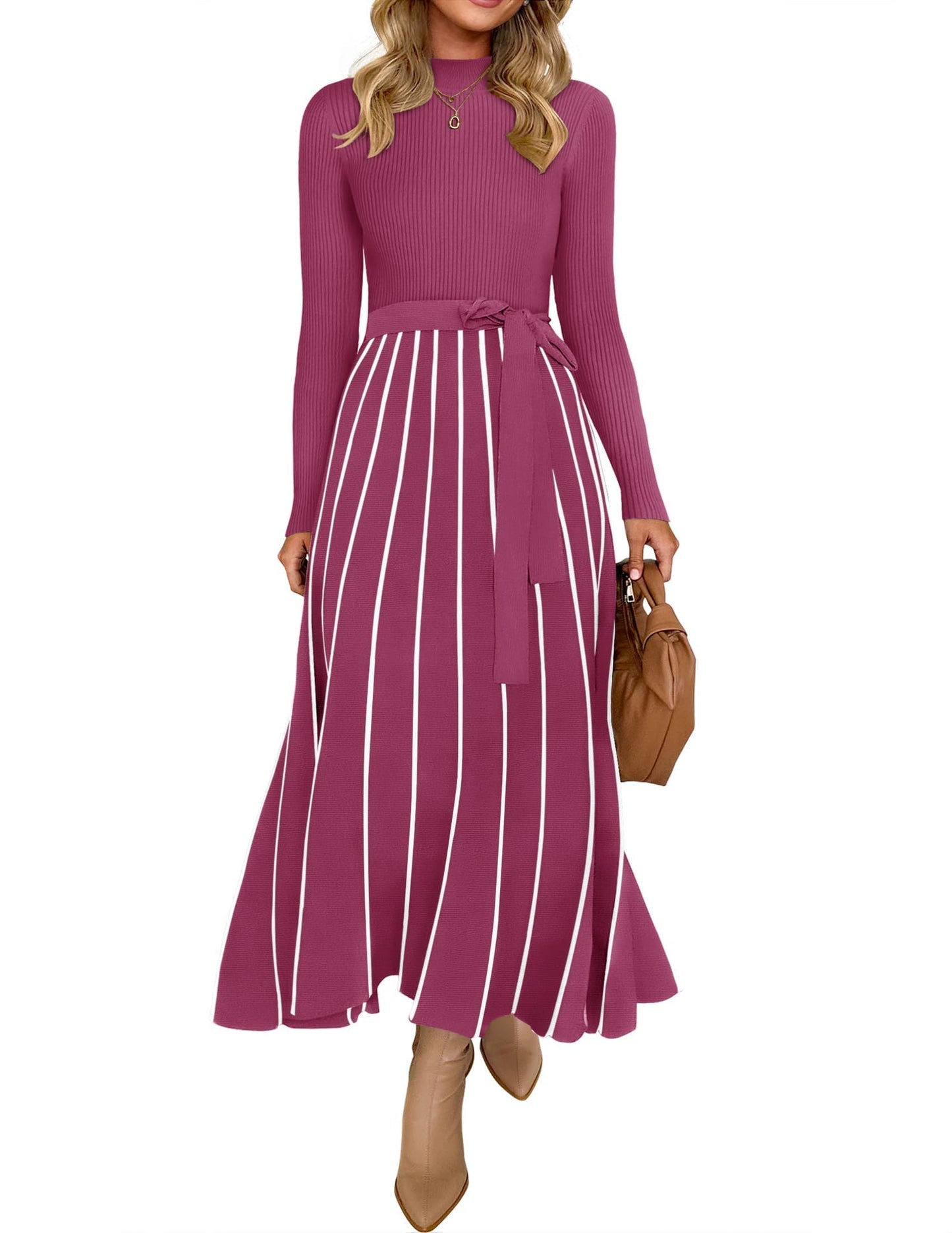 ZESICA Womens 2025 Fall Turtleneck Long Sleeve Sweater Dress Tie Waist Casual Loose Ribbed Knit A Line Midi Dresses