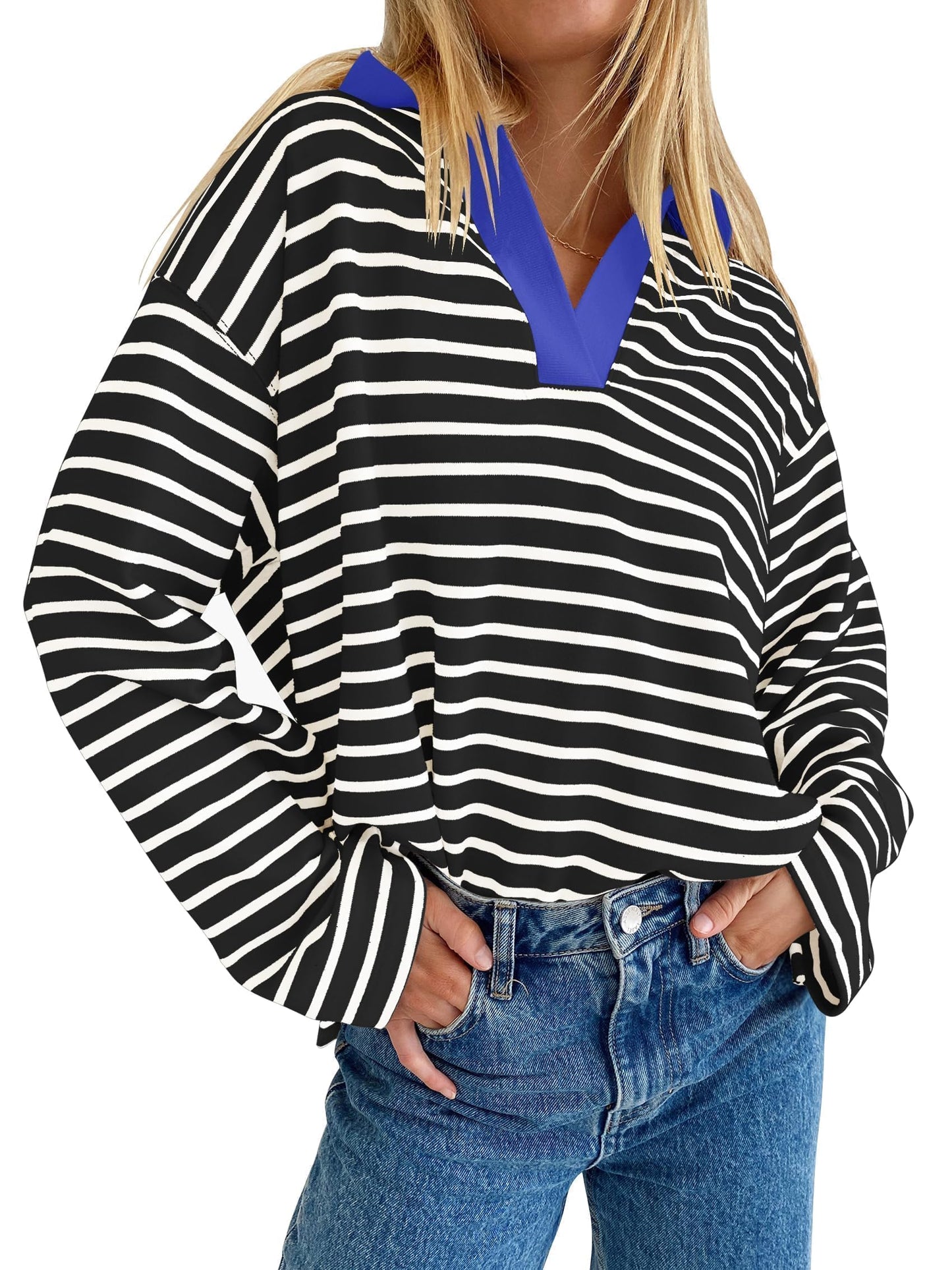 ZESICA Womens Striped Long Sleeve Tops Oversized Sweatshirt V Neck Loose Fit Tunic Tops Spring Casual Blouses