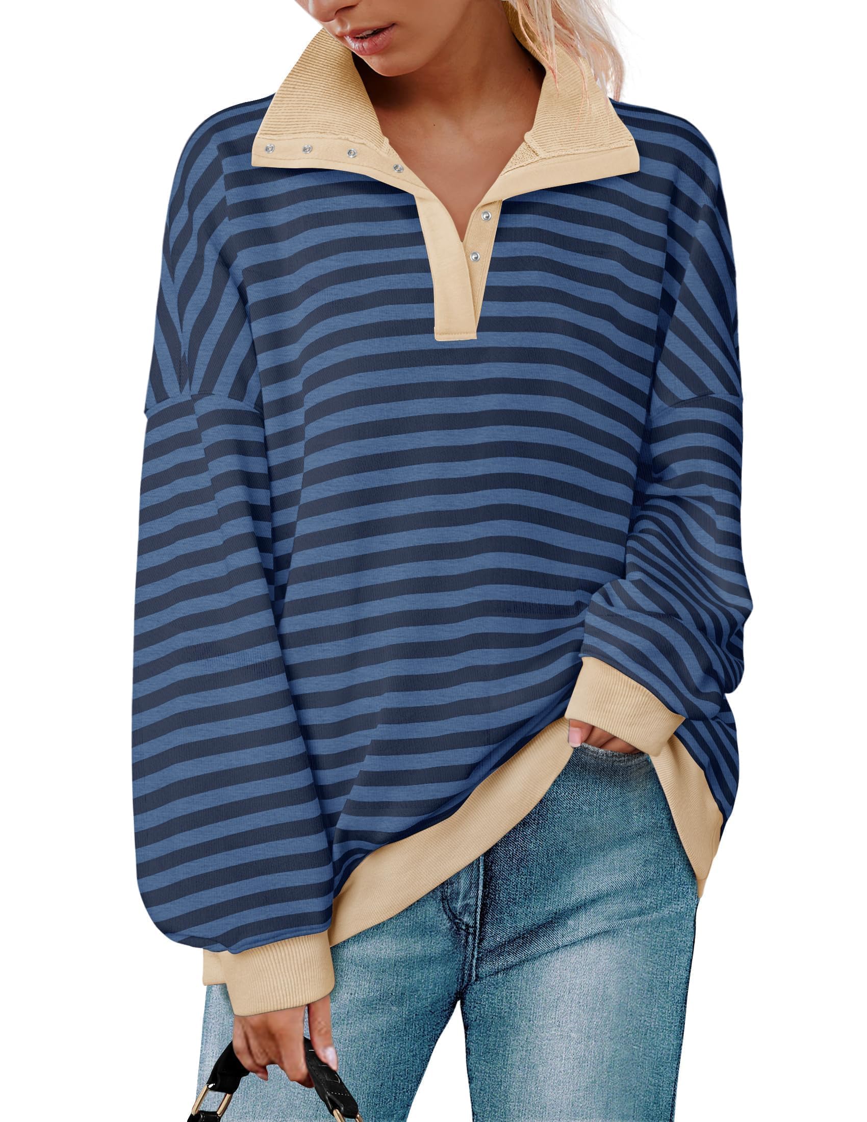 ZESICA Sweatshirts for Womens Long Sleeve Lapel V Neck Striped Oversized Tops