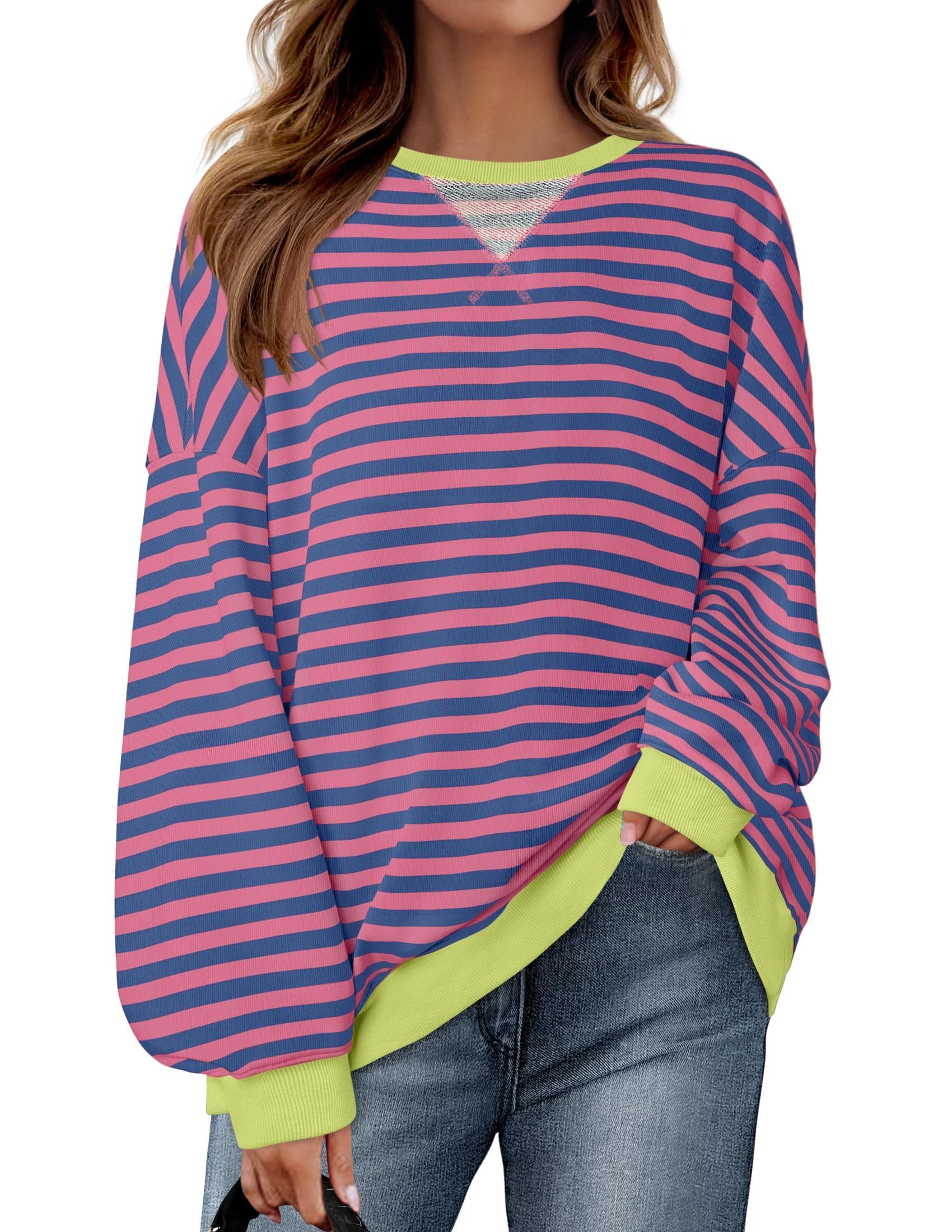 ZESICA Womens Casual Striped Pullover Tops Long Sleeve Shirts Crewneck Oversized Sweatshirts Spring Clothes