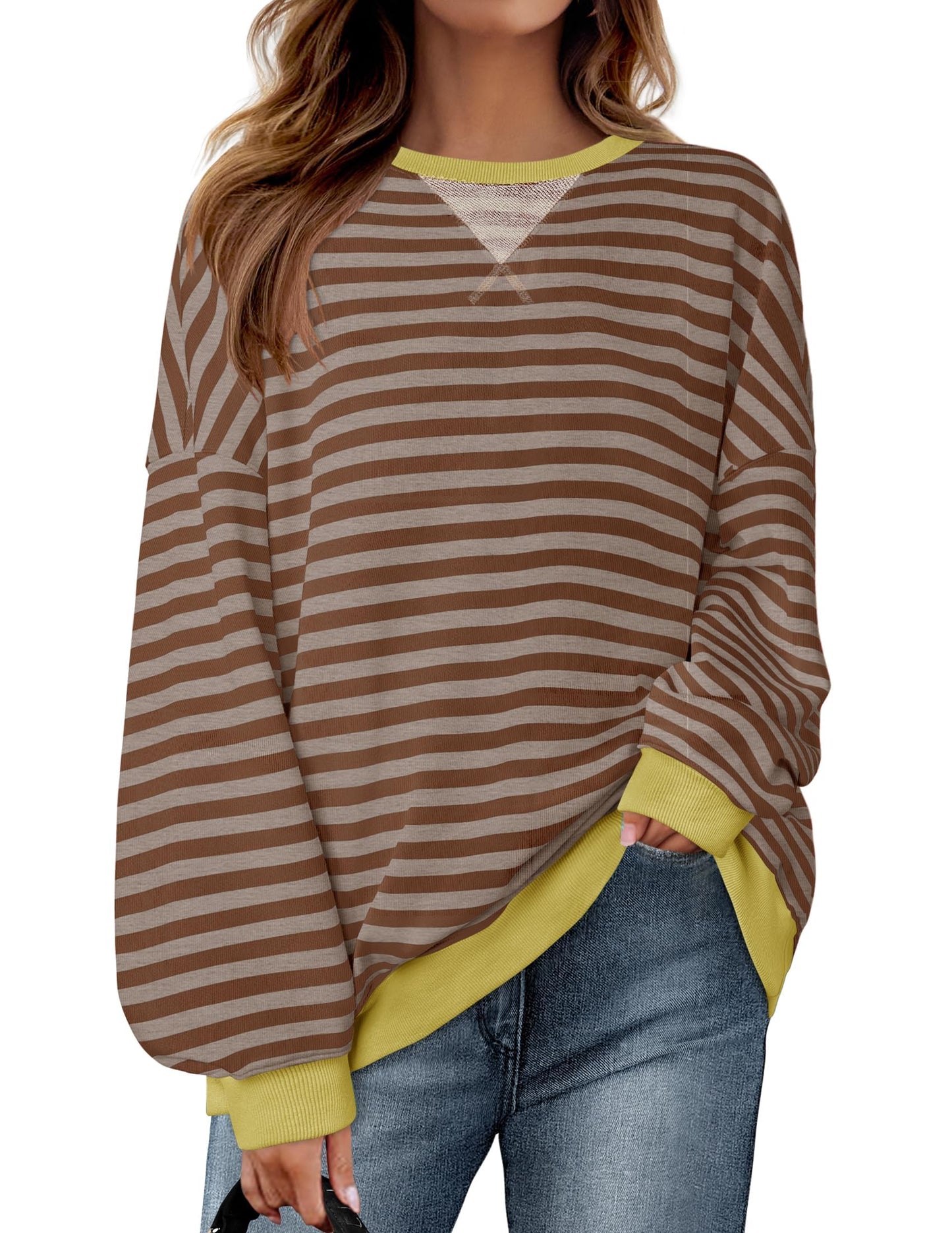 ZESICA Womens Casual Striped Pullover Tops Long Sleeve Shirts Crewneck Oversized Sweatshirts Spring Clothes