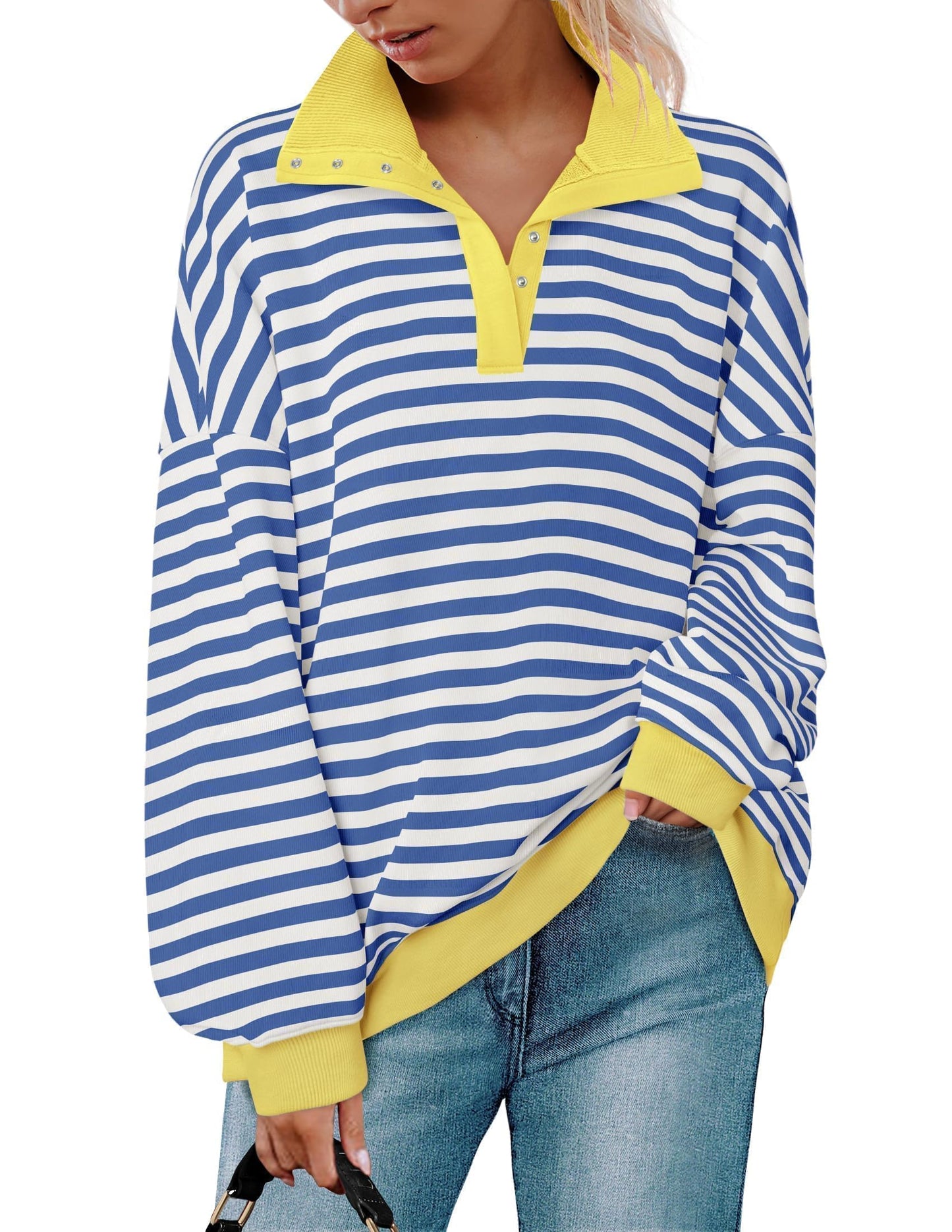 ZESICA Sweatshirts for Womens Long Sleeve Lapel V Neck Striped Oversized Tops