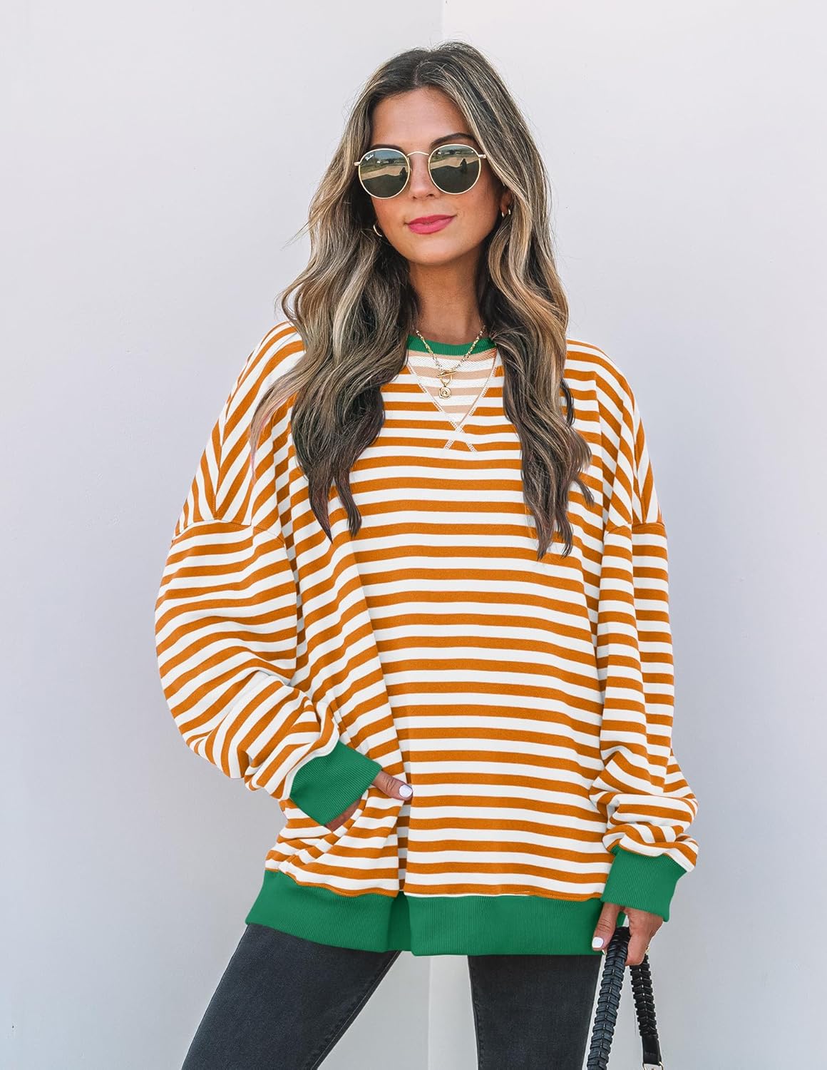 ZESICA Womens Casual Striped Pullover Tops Long Sleeve Shirts Crewneck Oversized Sweatshirts Spring Clothes