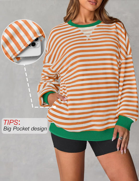 ZESICA Womens Casual Striped Pullover Tops Long Sleeve Shirts Crewneck Oversized Sweatshirts Spring Clothes