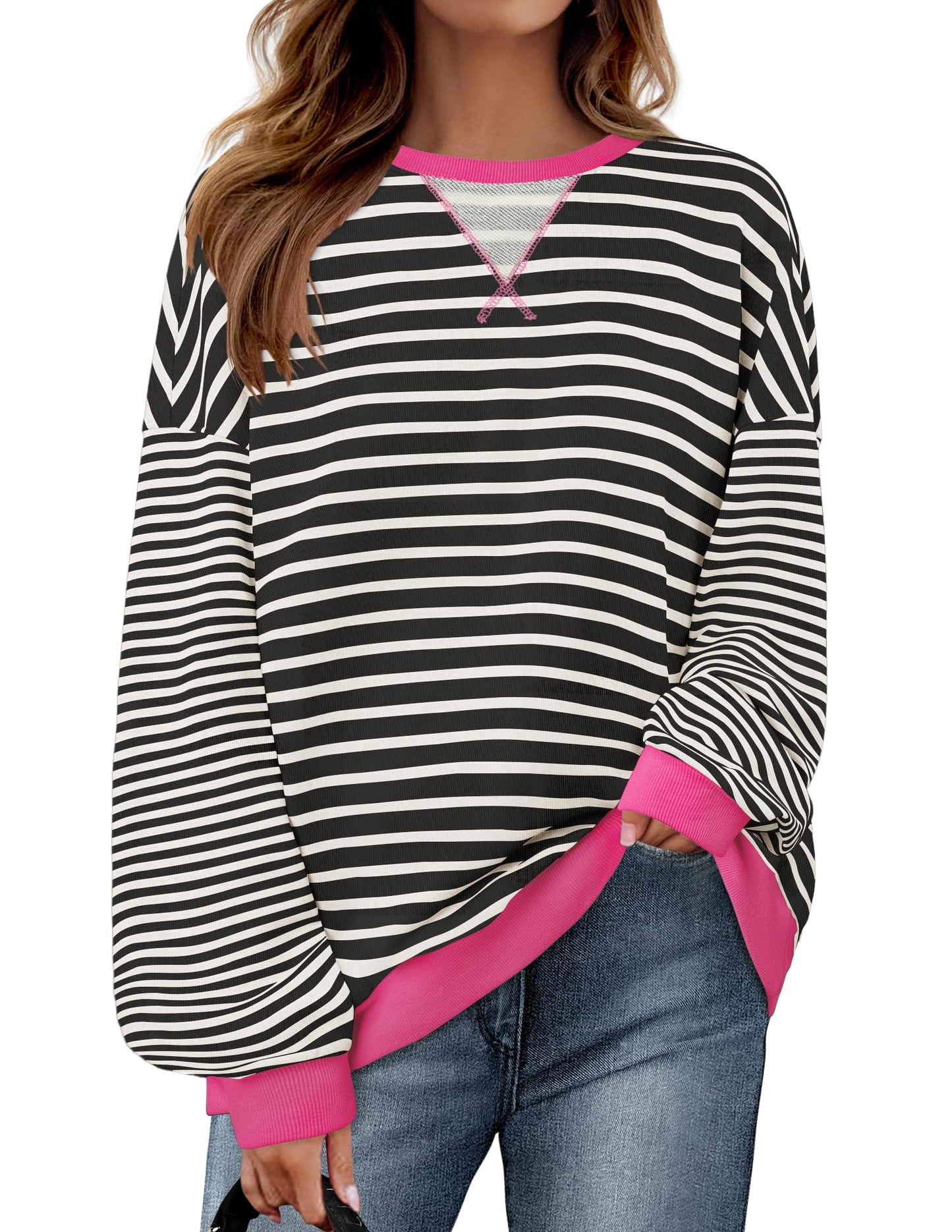 ZESICA Womens Casual Striped Pullover Tops Long Sleeve Shirts Crewneck Oversized Sweatshirts Spring Clothes