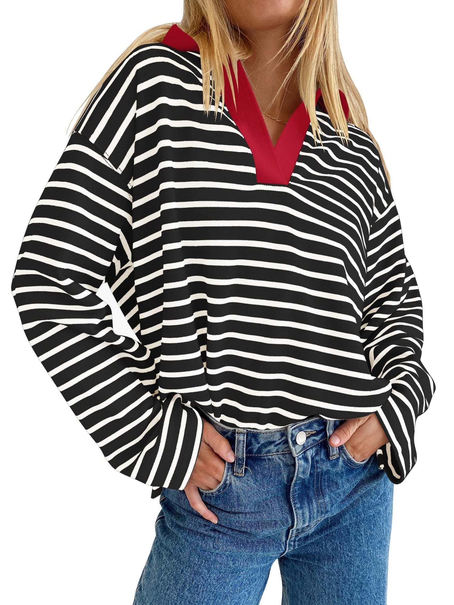 ZESICA Womens Striped Long Sleeve Tops Oversized Sweatshirt V Neck Loose Fit Tunic Tops Spring Casual Blouses