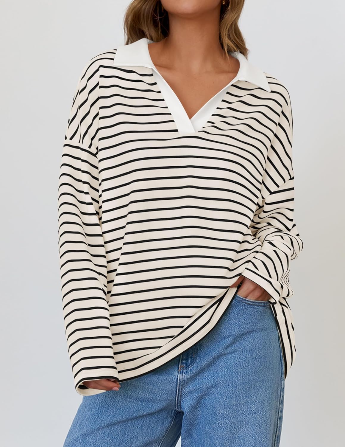 ZESICA Womens Striped Long Sleeve Tops Oversized Sweatshirt V Neck Loose Fit Tunic Tops Spring Casual Blouses