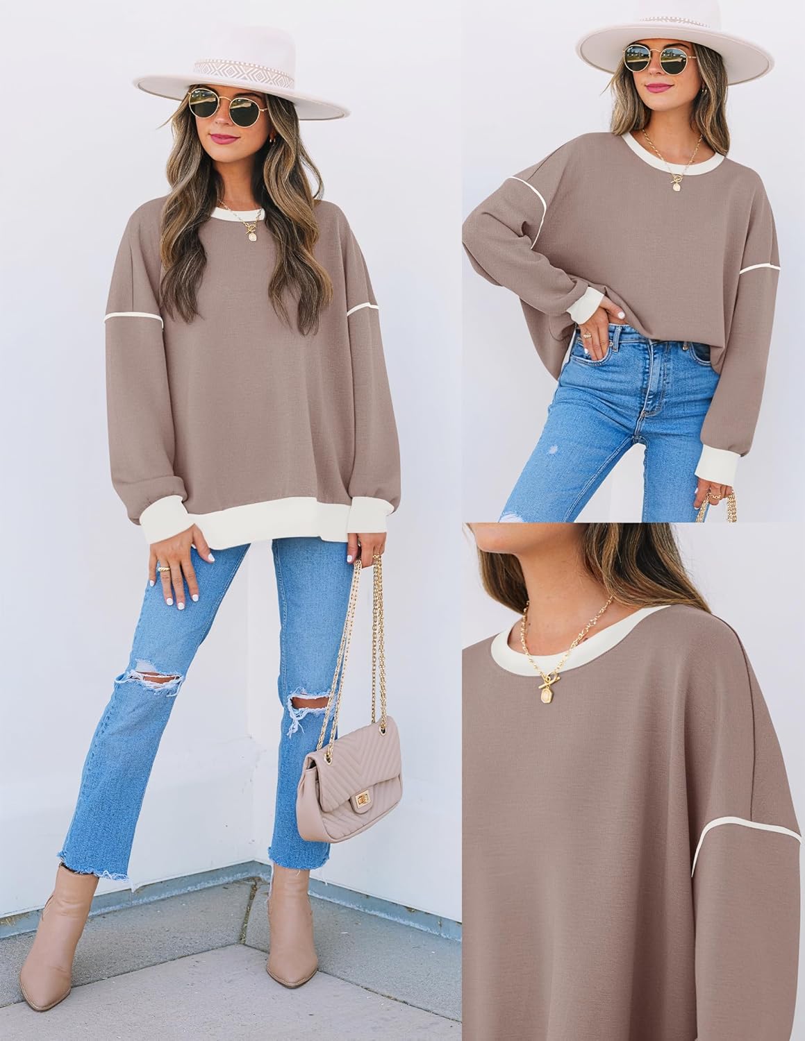 ZESICA Sweatshirts for Women Casual Long Sleeve Crewneck Contrast Color Oversized Pullover Tops Trendy Clothes