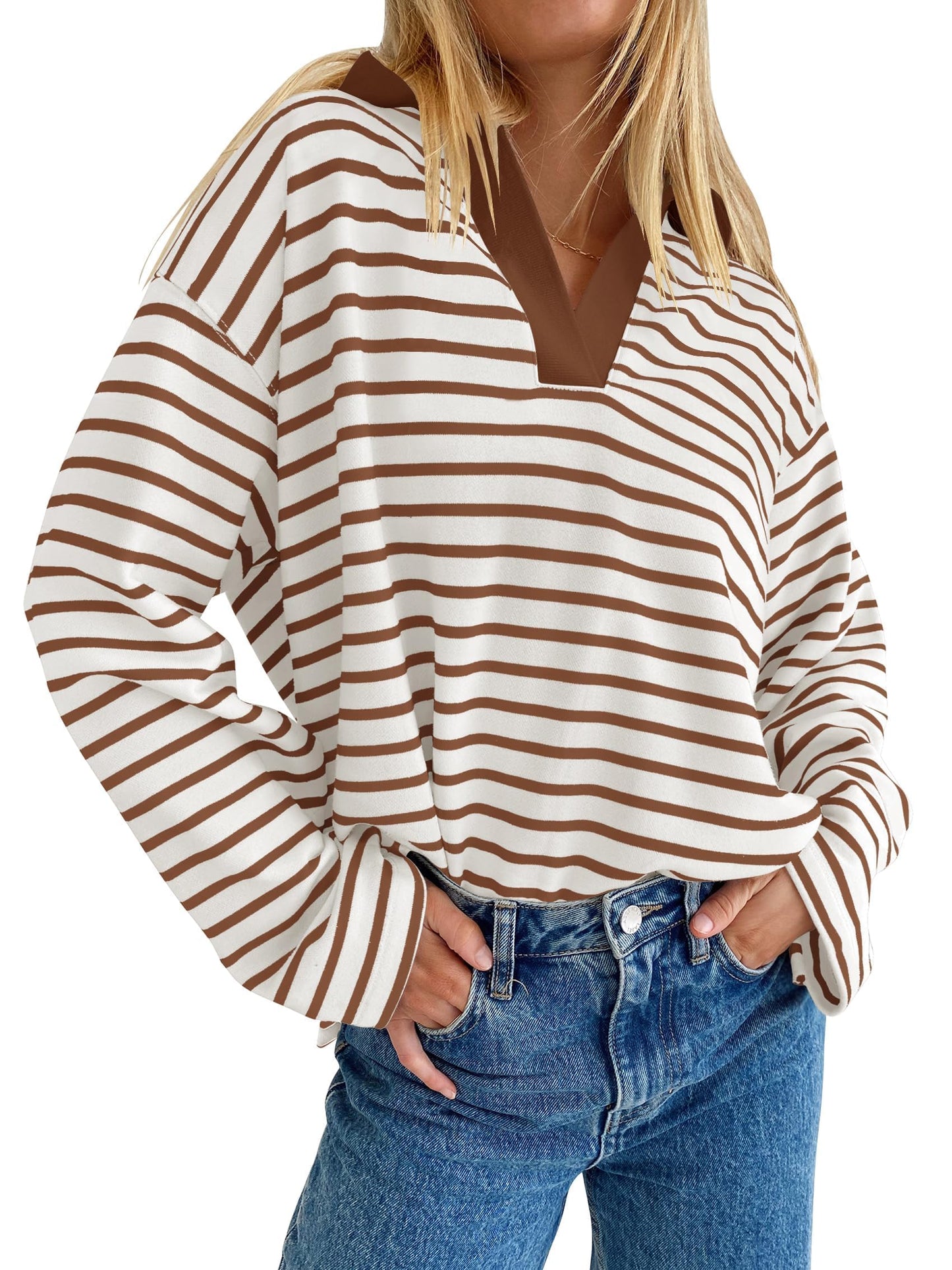 ZESICA Womens Striped Long Sleeve Tops Oversized Sweatshirt V Neck Loose Fit Tunic Tops Spring Casual Blouses