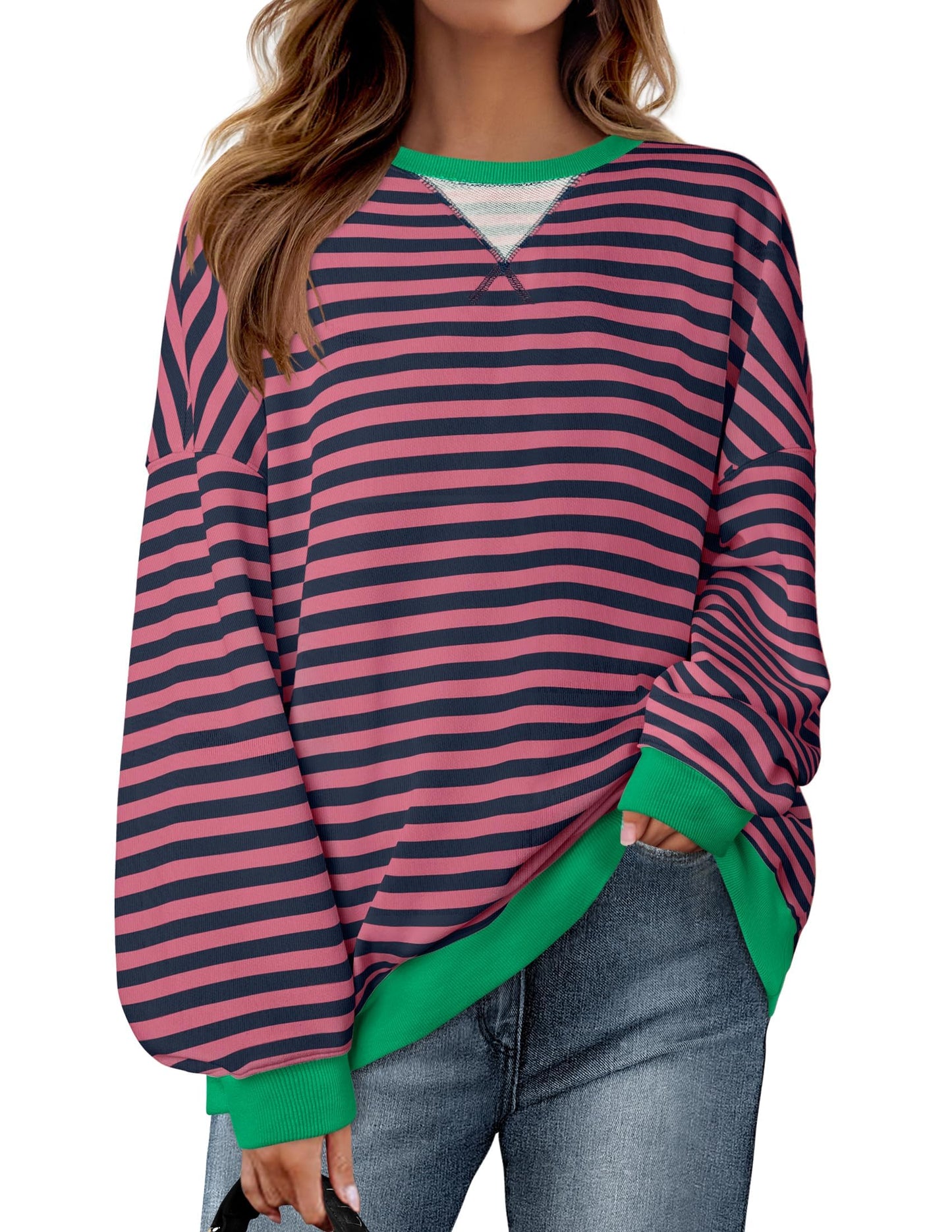 ZESICA Womens Casual Striped Pullover Tops Long Sleeve Shirts Crewneck Oversized Sweatshirts Spring Clothes