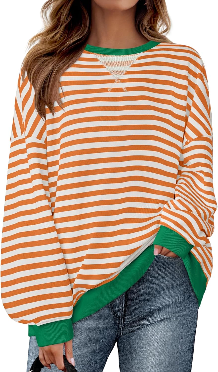 ZESICA Womens Casual Striped Pullover Tops Long Sleeve Shirts Crewneck Oversized Sweatshirts Spring Clothes