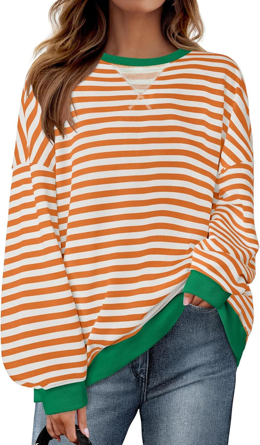 ZESICA Womens Casual Striped Pullover Tops Long Sleeve Shirts Crewneck Oversized Sweatshirts Spring Clothes