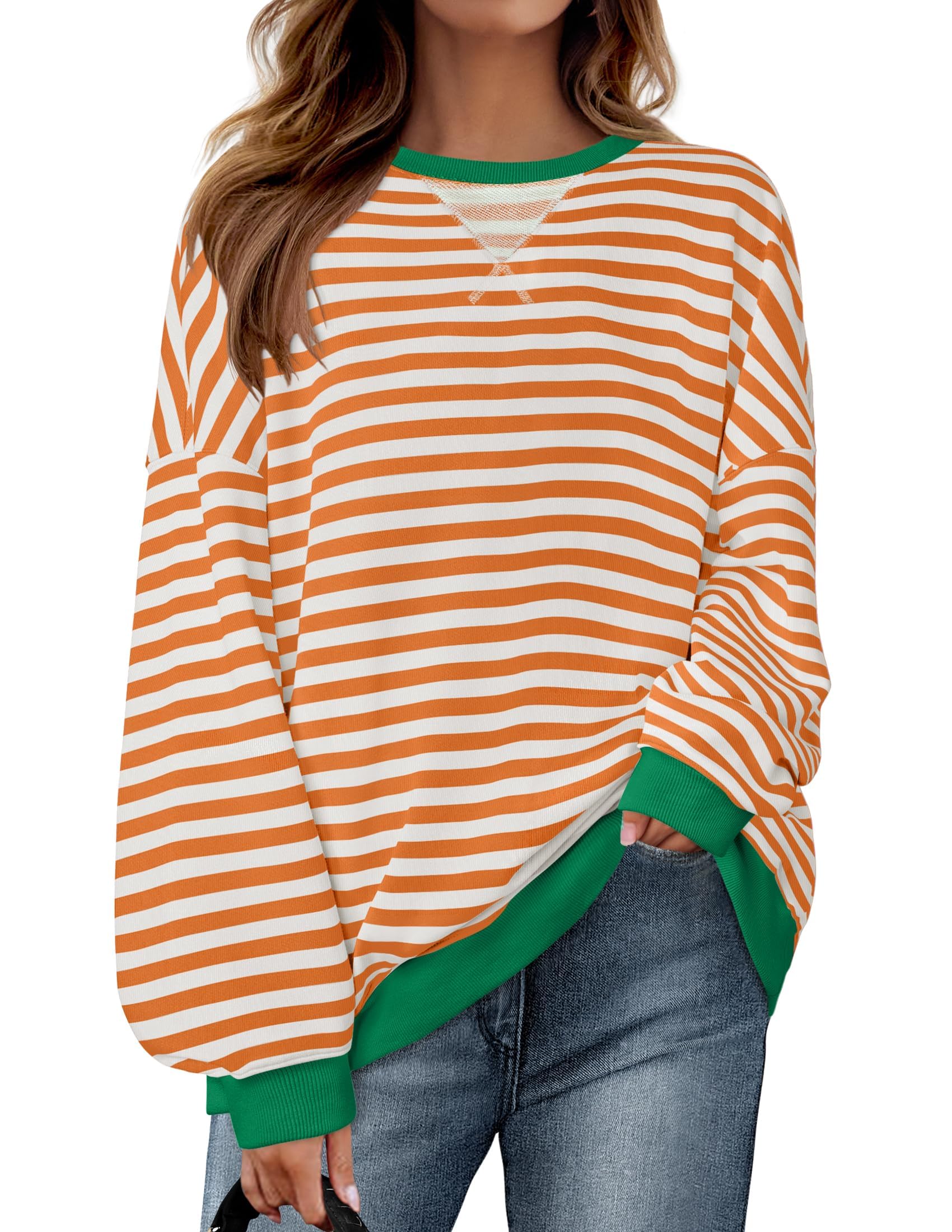 ZESICA Womens Casual Striped Pullover Tops Long Sleeve Shirts Crewneck Oversized Sweatshirts Spring Clothes