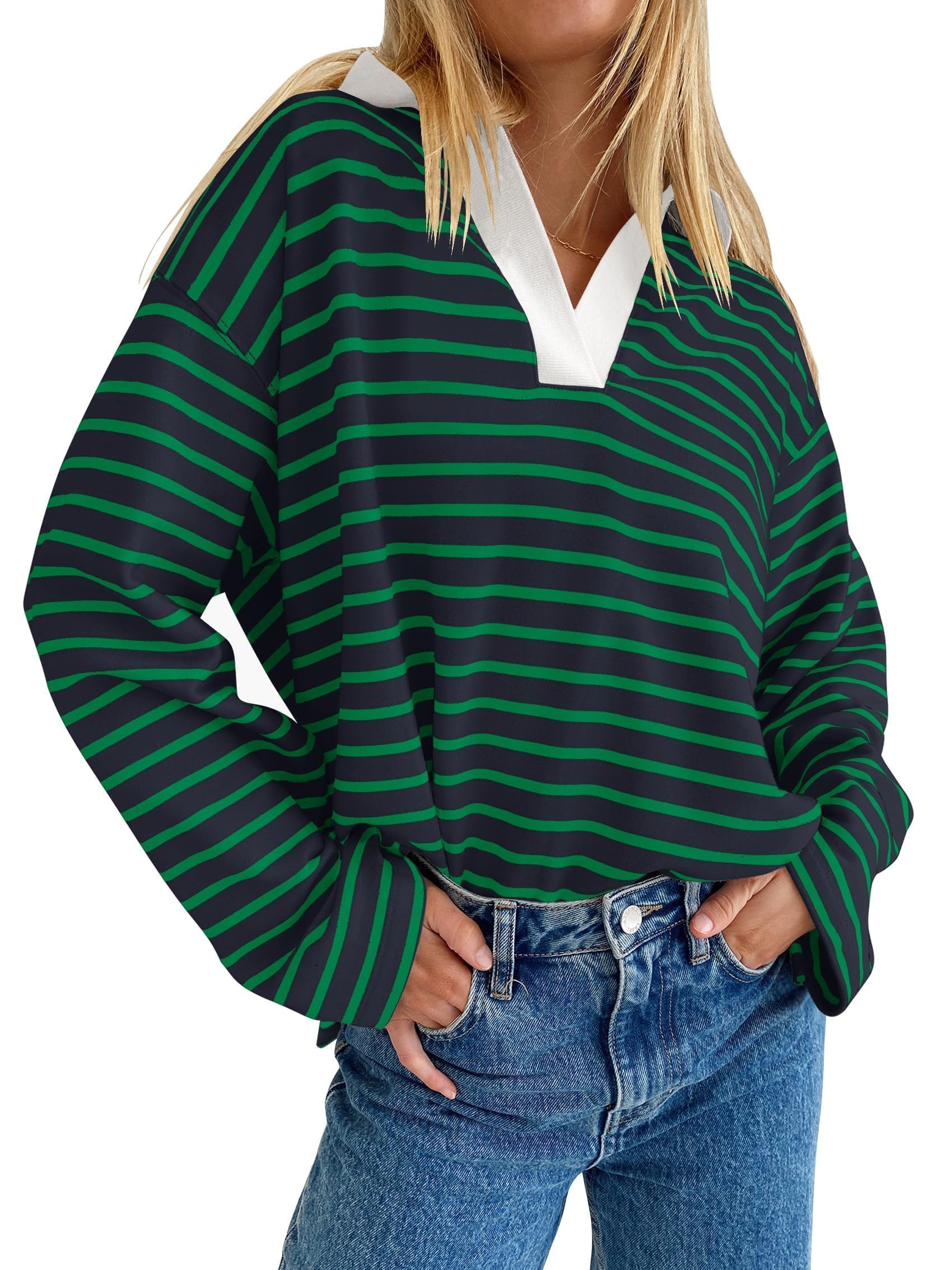 ZESICA Womens Striped Long Sleeve Tops Oversized Sweatshirt V Neck Loose Fit Tunic Tops Spring Casual Blouses