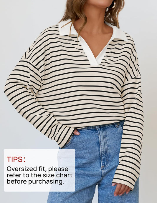 ZESICA Womens Striped Long Sleeve Tops Oversized Sweatshirt V Neck Loose Fit Tunic Tops Spring Casual Blouses