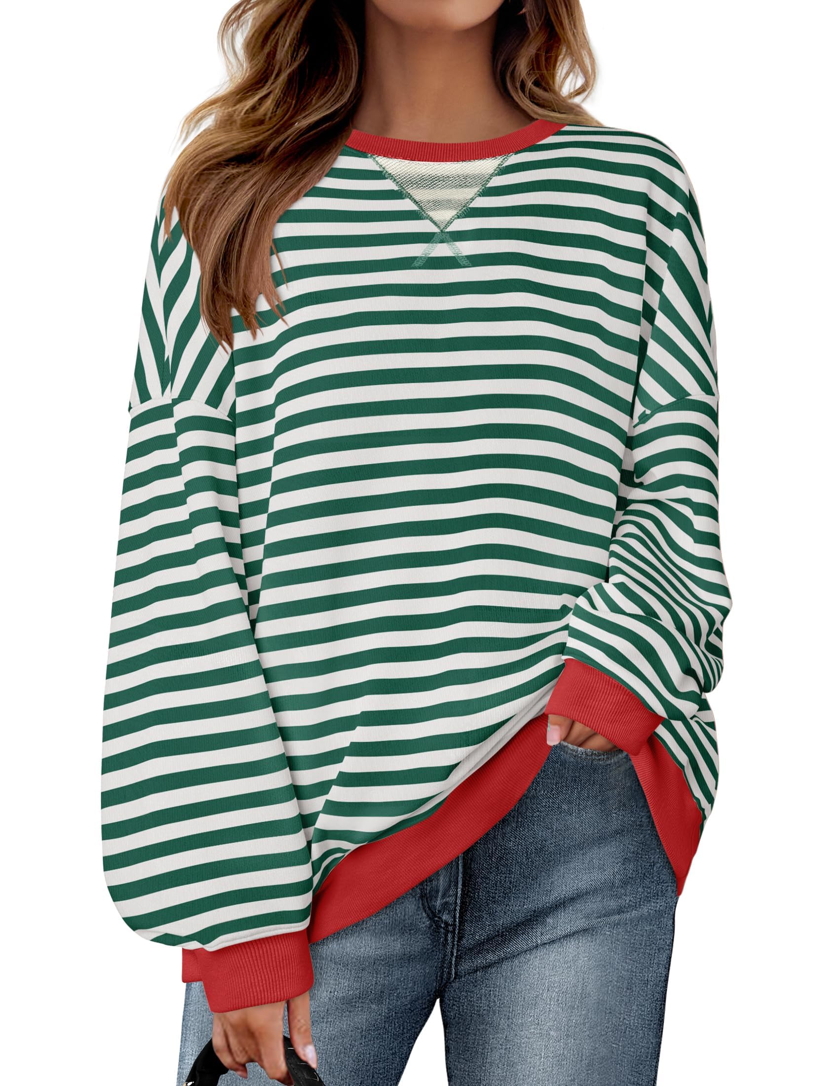 ZESICA Womens Casual Striped Pullover Tops Long Sleeve Shirts Crewneck Oversized Sweatshirts Spring Clothes