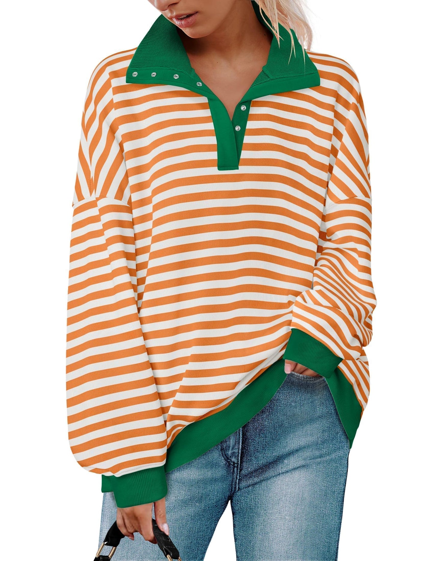 ZESICA Sweatshirts for Womens Long Sleeve Lapel V Neck Striped Oversized Tops