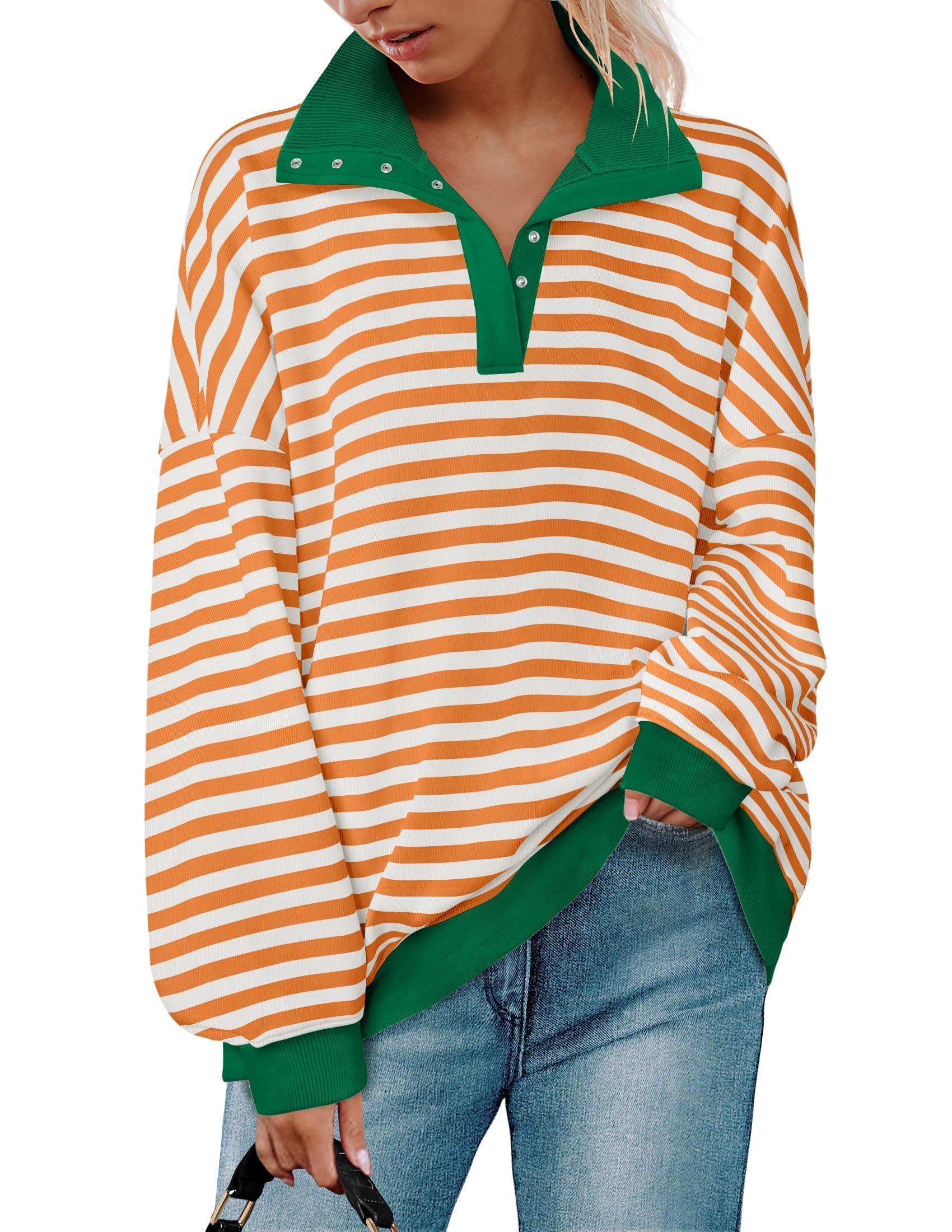 ZESICA Sweatshirts for Womens Long Sleeve Lapel V Neck Striped Oversized Tops