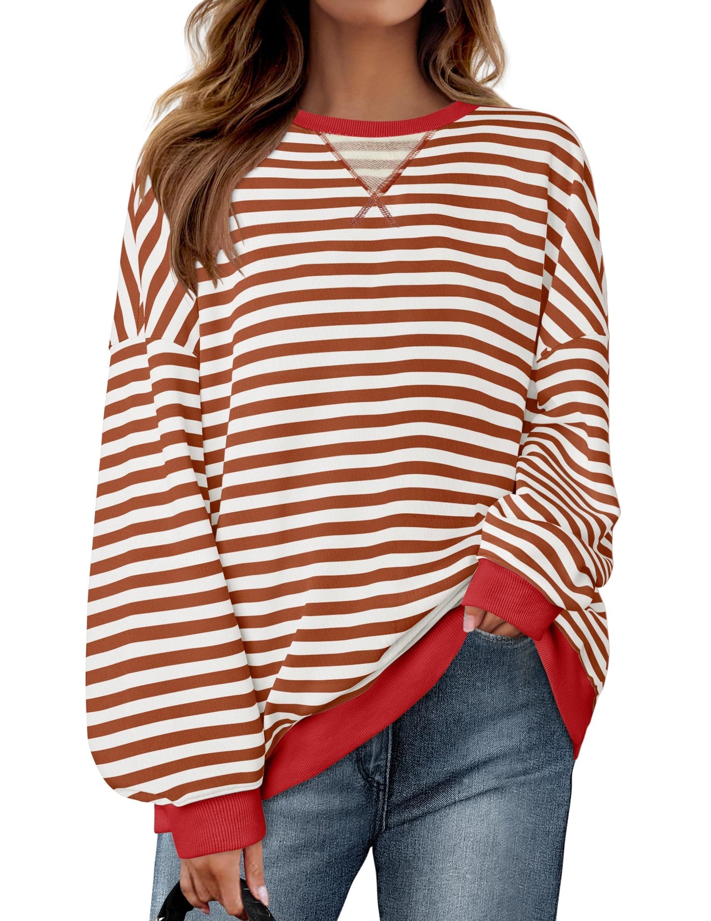 ZESICA Womens Casual Striped Pullover Tops Long Sleeve Shirts Crewneck Oversized Sweatshirts Spring Clothes