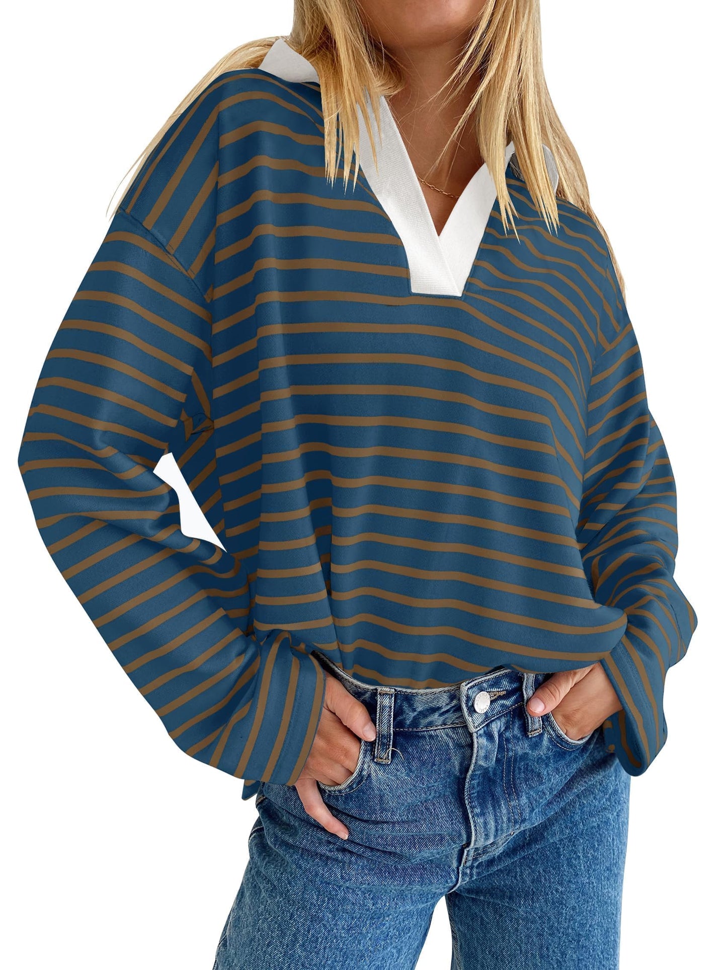 ZESICA Womens Striped Long Sleeve Tops Oversized Sweatshirt V Neck Loose Fit Tunic Tops Spring Casual Blouses