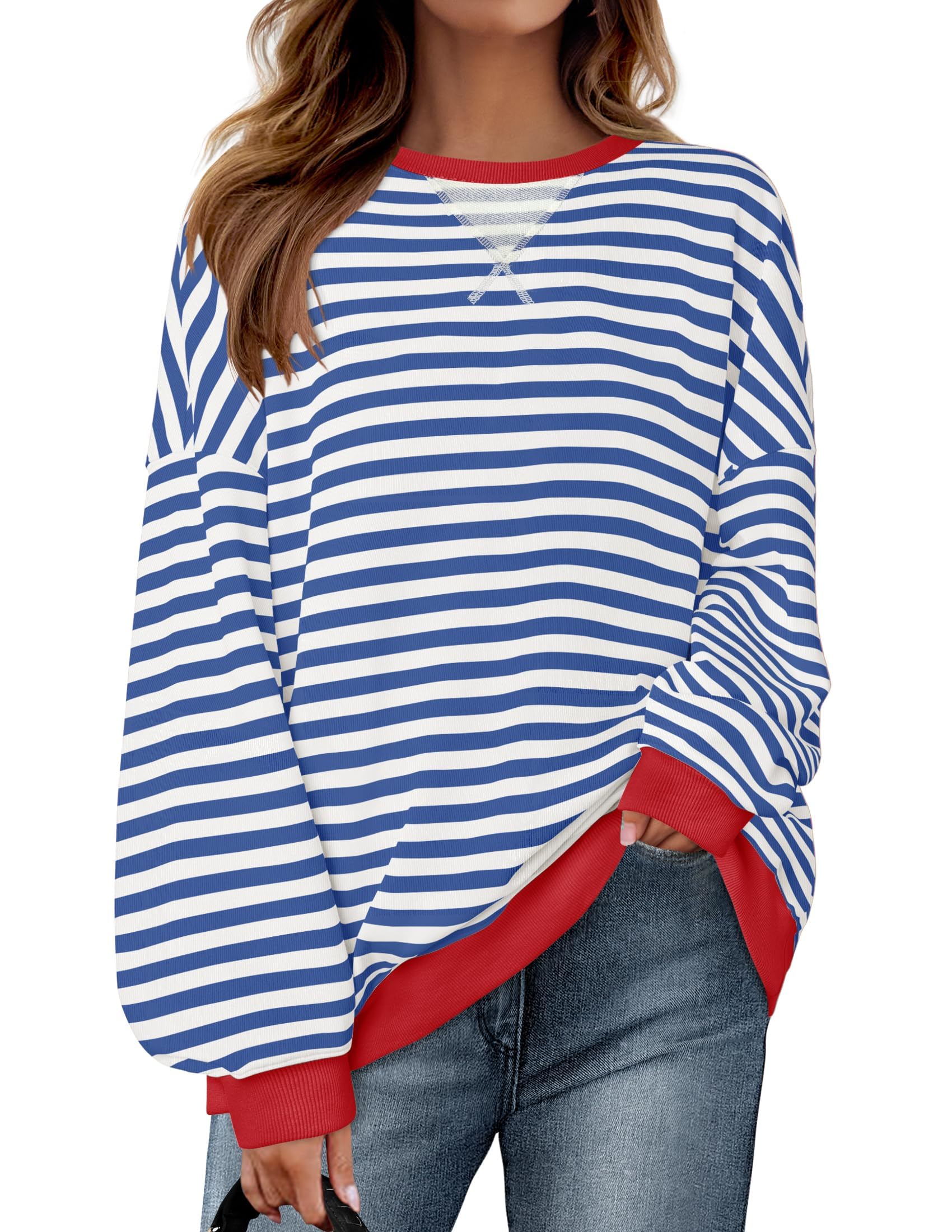 ZESICA Womens Casual Striped Pullover Tops Long Sleeve Shirts Crewneck Oversized Sweatshirts Spring Clothes