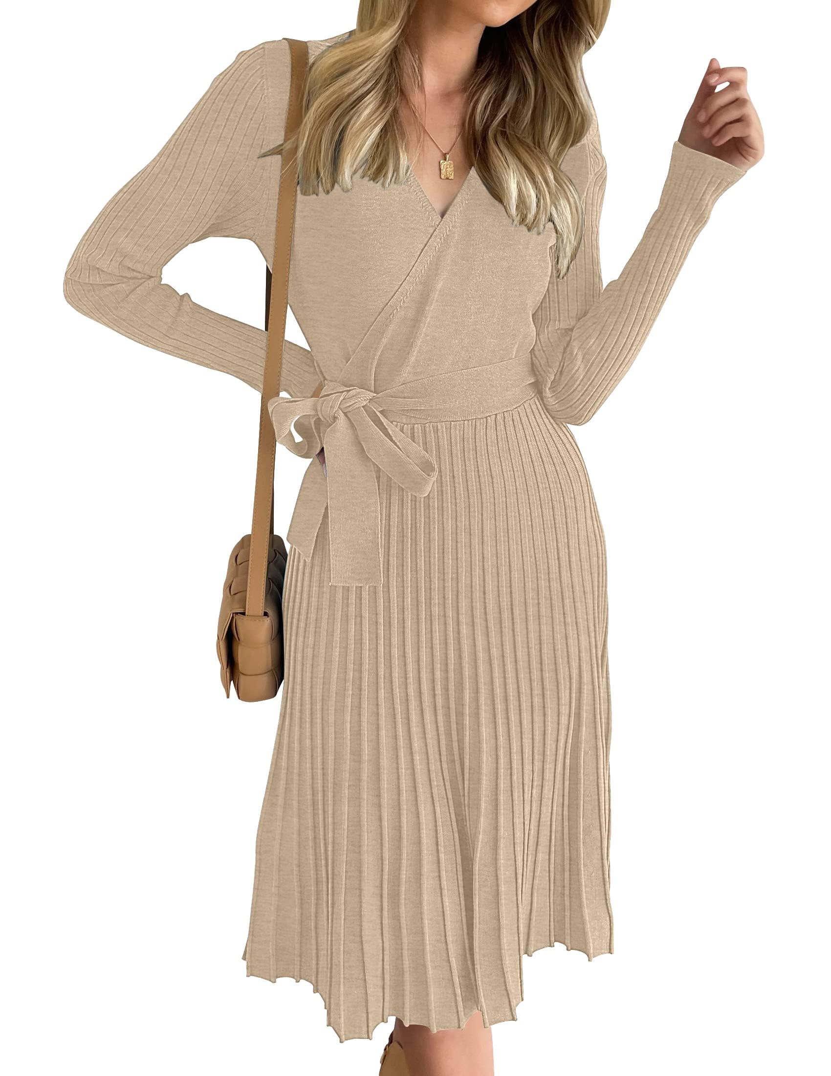 ZESICA Women's Fall Long Sleeve Wrap V Neck Ribbed Knit Pleated A Line Pullover Sweater Dress with Belt