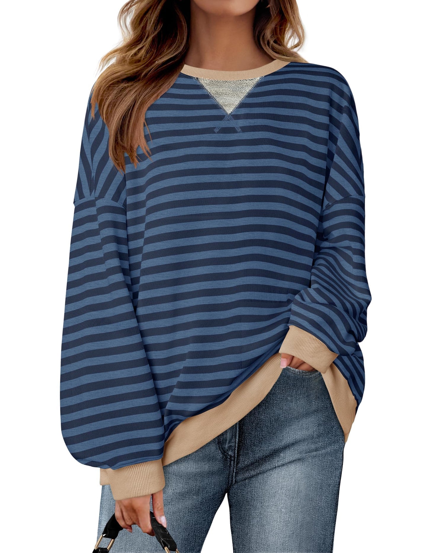ZESICA Womens Casual Striped Pullover Tops Long Sleeve Shirts Crewneck Oversized Sweatshirts Spring Clothes