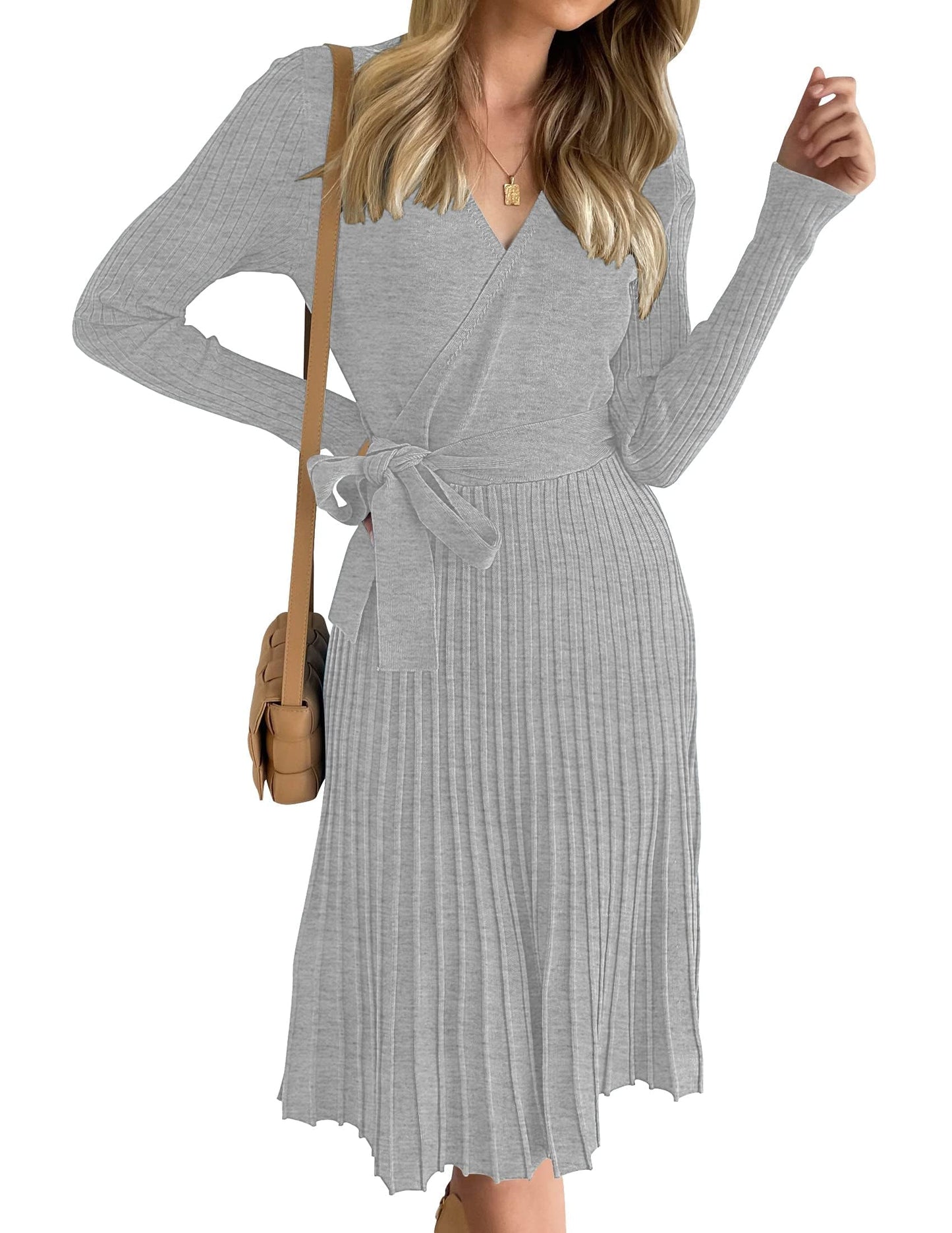 ZESICA Women's Fall Long Sleeve Wrap V Neck Ribbed Knit Pleated A Line Pullover Sweater Dress with Belt