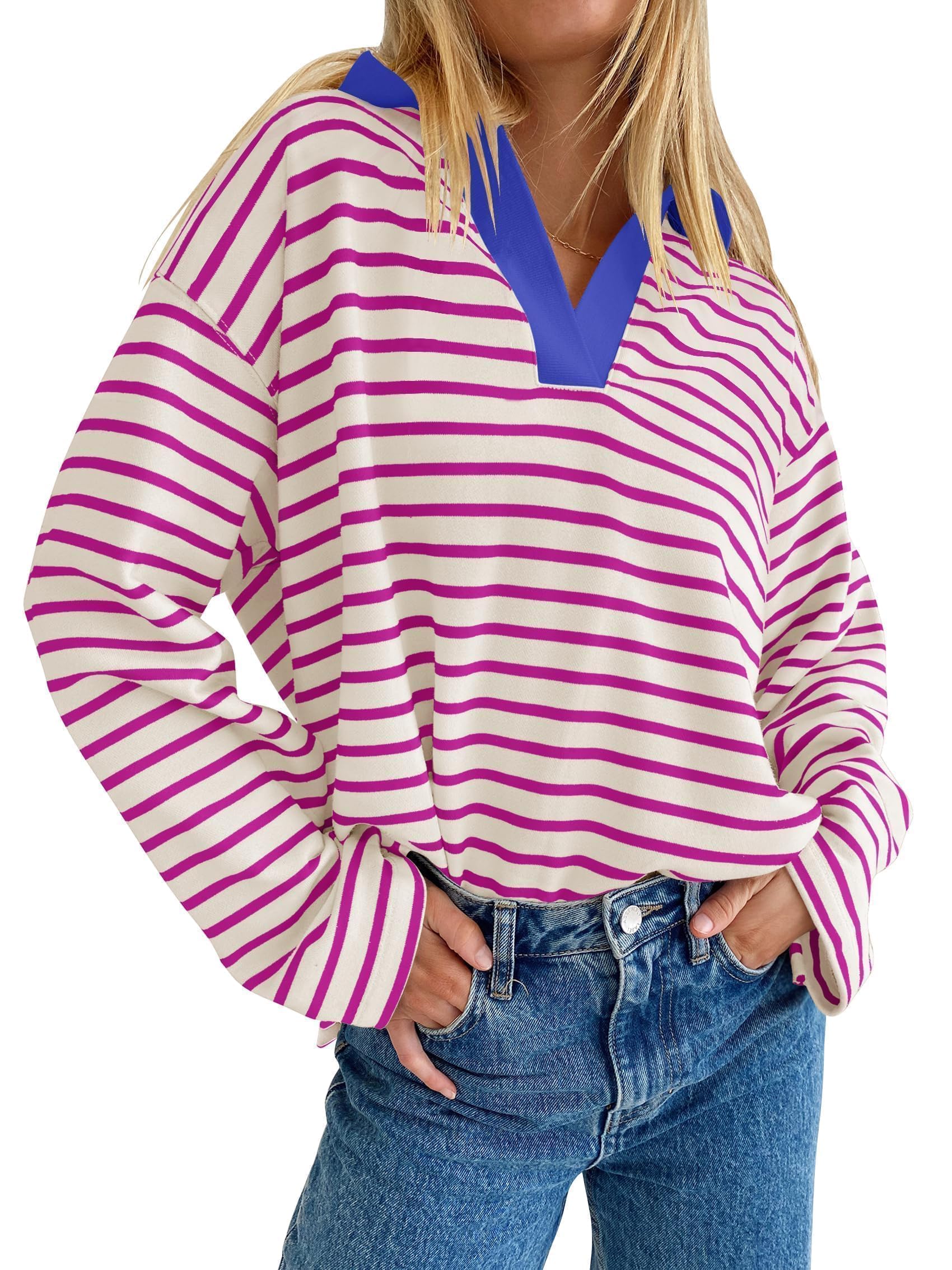 ZESICA Womens Striped Long Sleeve Tops Oversized Sweatshirt V Neck Loose Fit Tunic Tops Spring Casual Blouses
