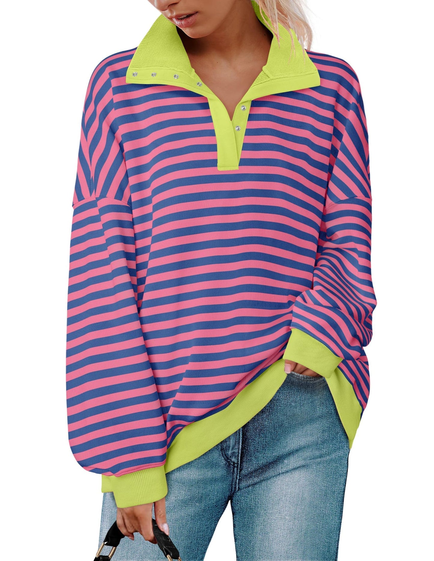 ZESICA Sweatshirts for Womens Long Sleeve Lapel V Neck Striped Oversized Tops