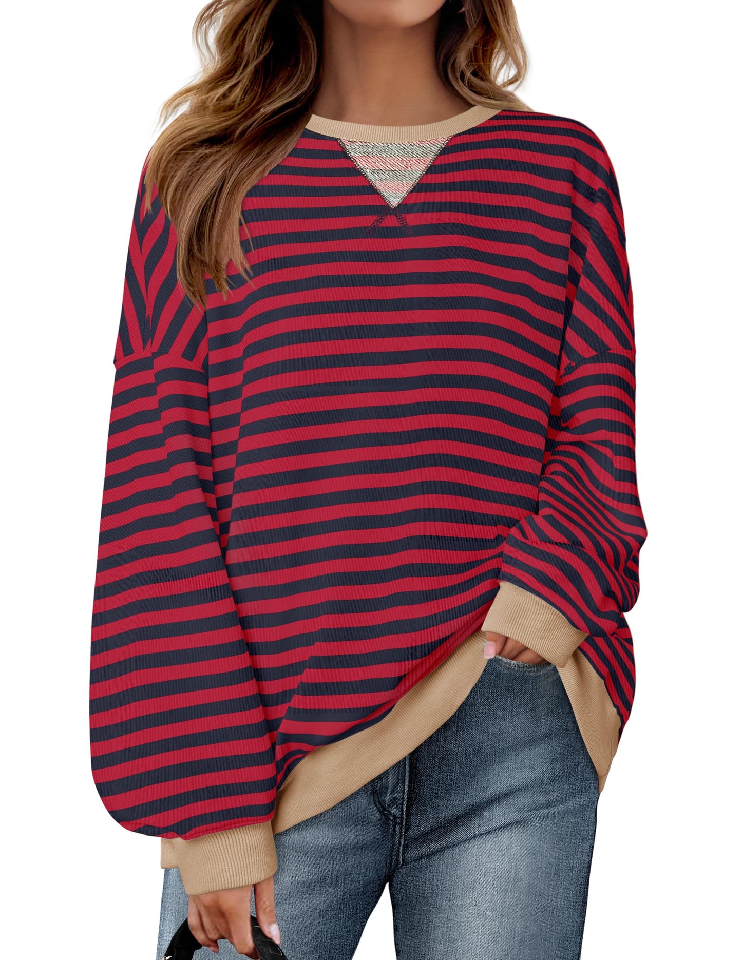 ZESICA Womens Casual Striped Pullover Tops Long Sleeve Shirts Crewneck Oversized Sweatshirts Spring Clothes
