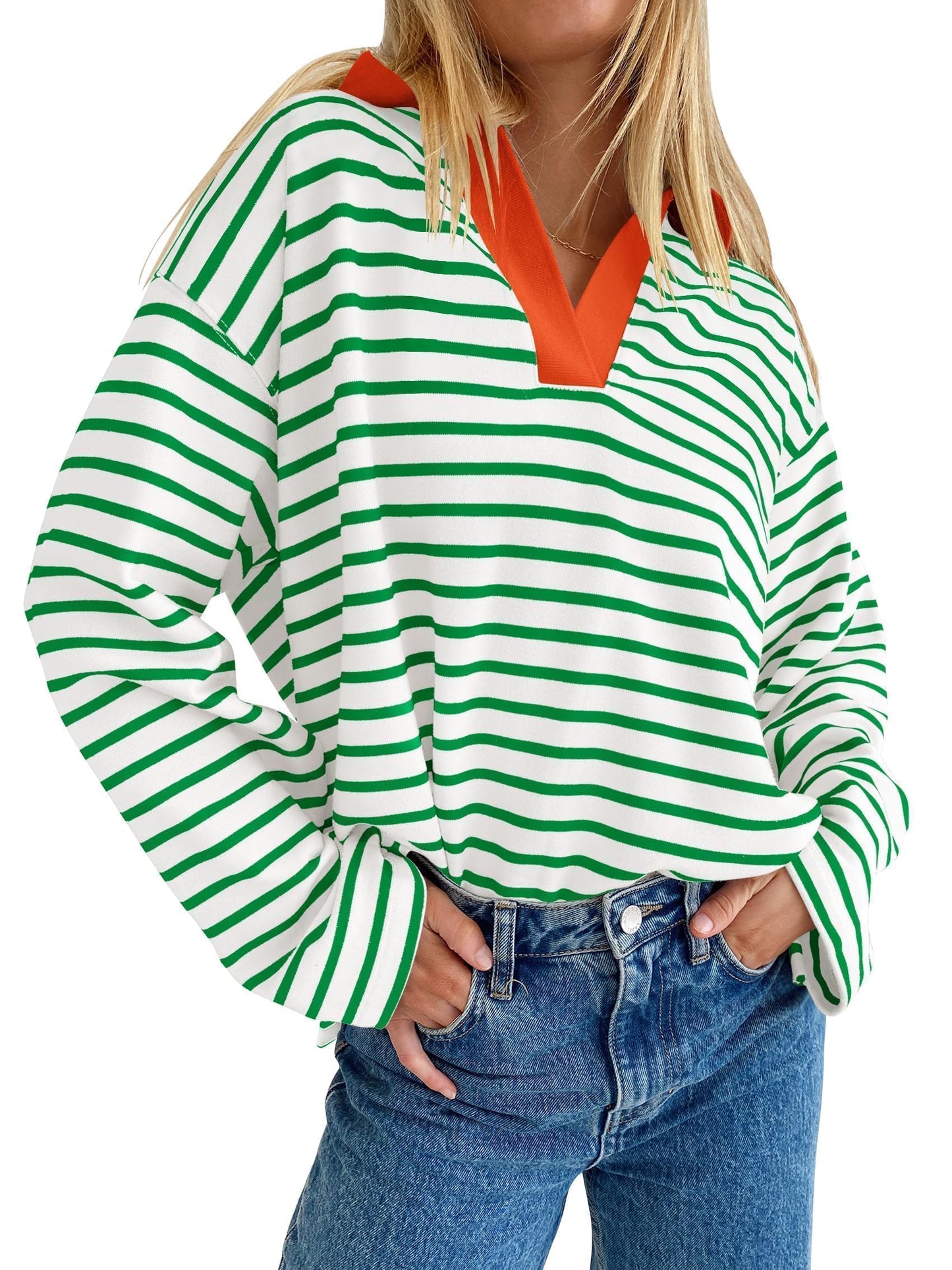 ZESICA Womens Striped Long Sleeve Tops Oversized Sweatshirt V Neck Loose Fit Tunic Tops Spring Casual Blouses