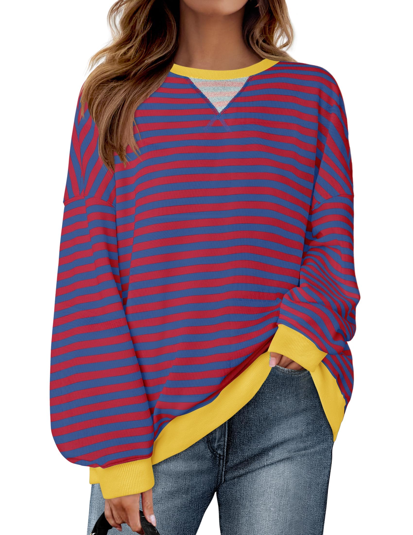 ZESICA Womens Casual Striped Pullover Tops Long Sleeve Shirts Crewneck Oversized Sweatshirts Spring Clothes