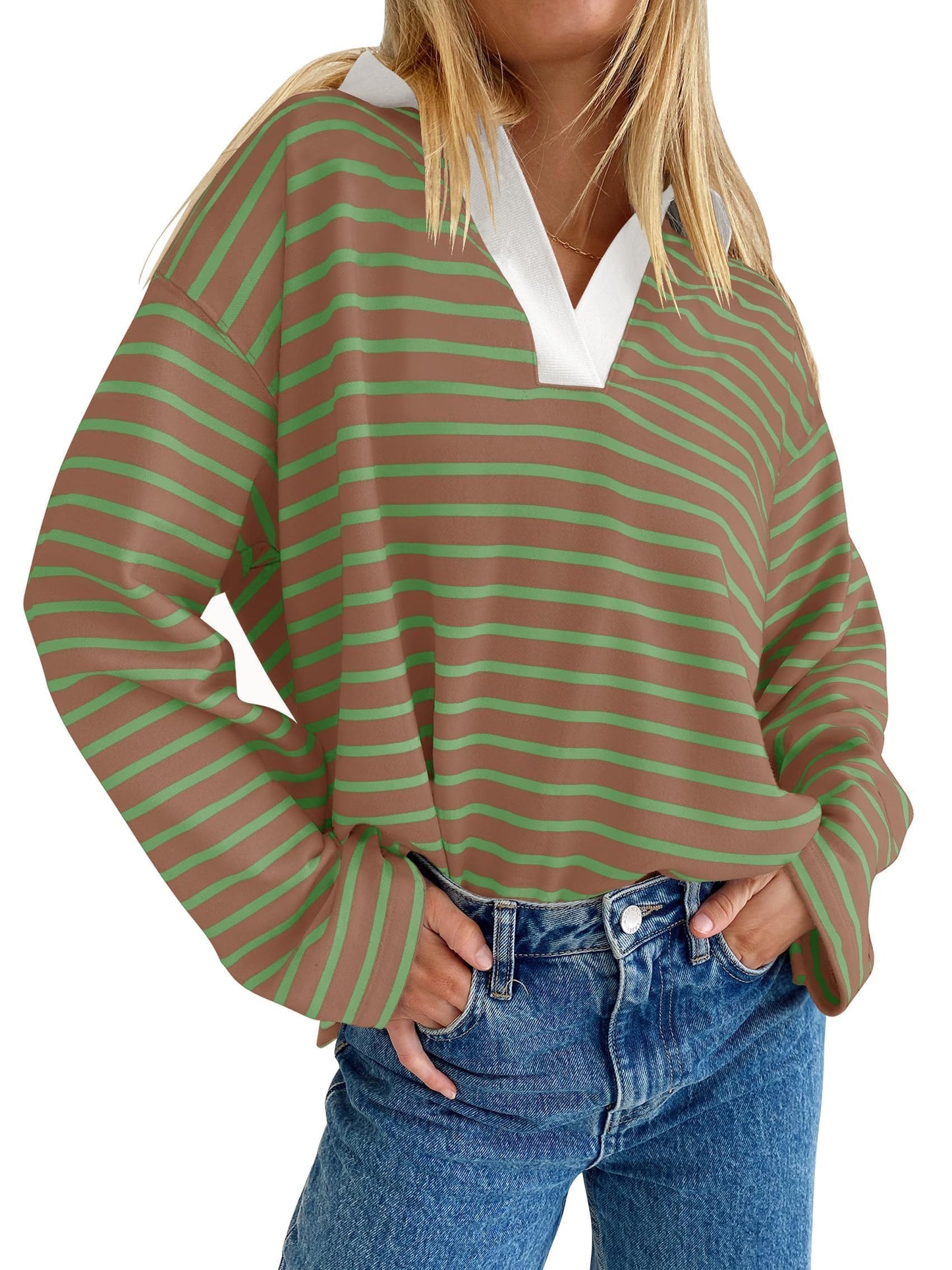 ZESICA Womens Striped Long Sleeve Tops Oversized Sweatshirt V Neck Loose Fit Tunic Tops Spring Casual Blouses