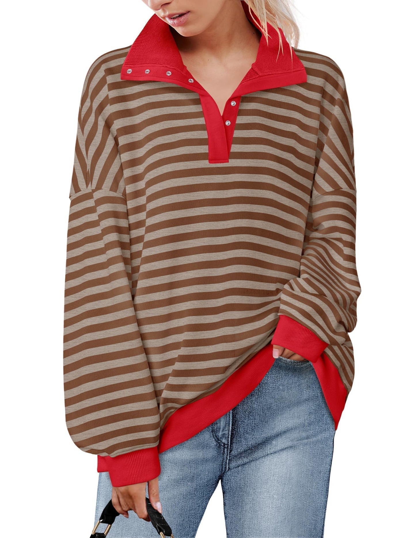 ZESICA Sweatshirts for Womens Long Sleeve Lapel V Neck Striped Oversized Tops