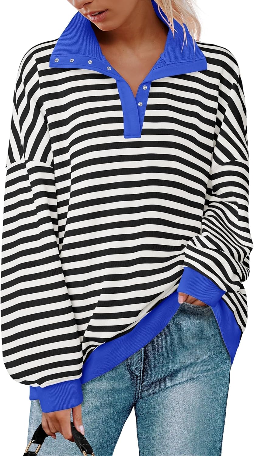 ZESICA Sweatshirts for Womens Long Sleeve Lapel V Neck Striped Oversized Tops