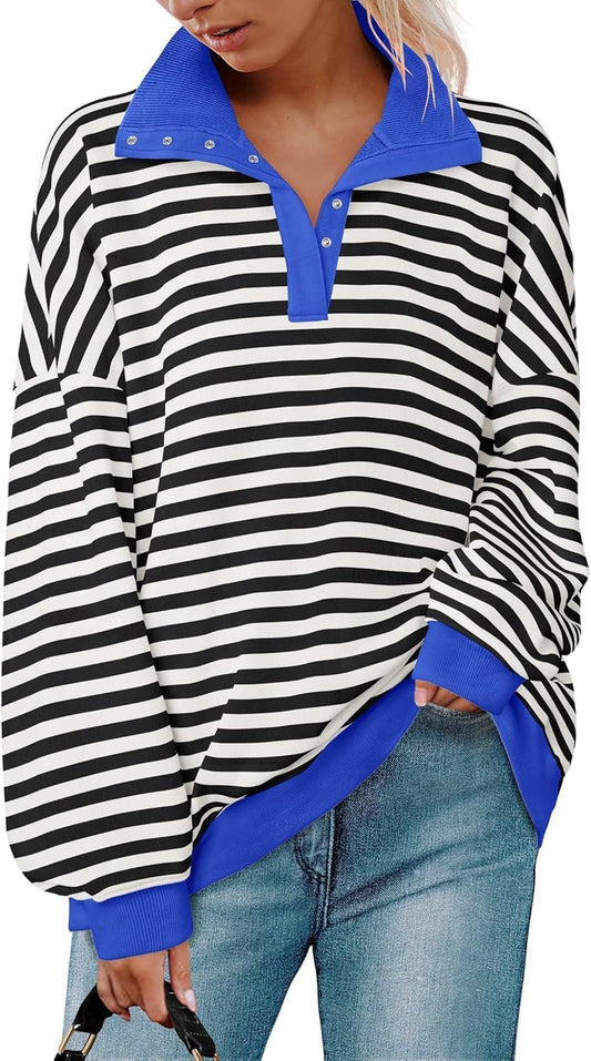 ZESICA Sweatshirts for Womens Long Sleeve Lapel V Neck Striped Oversized Tops