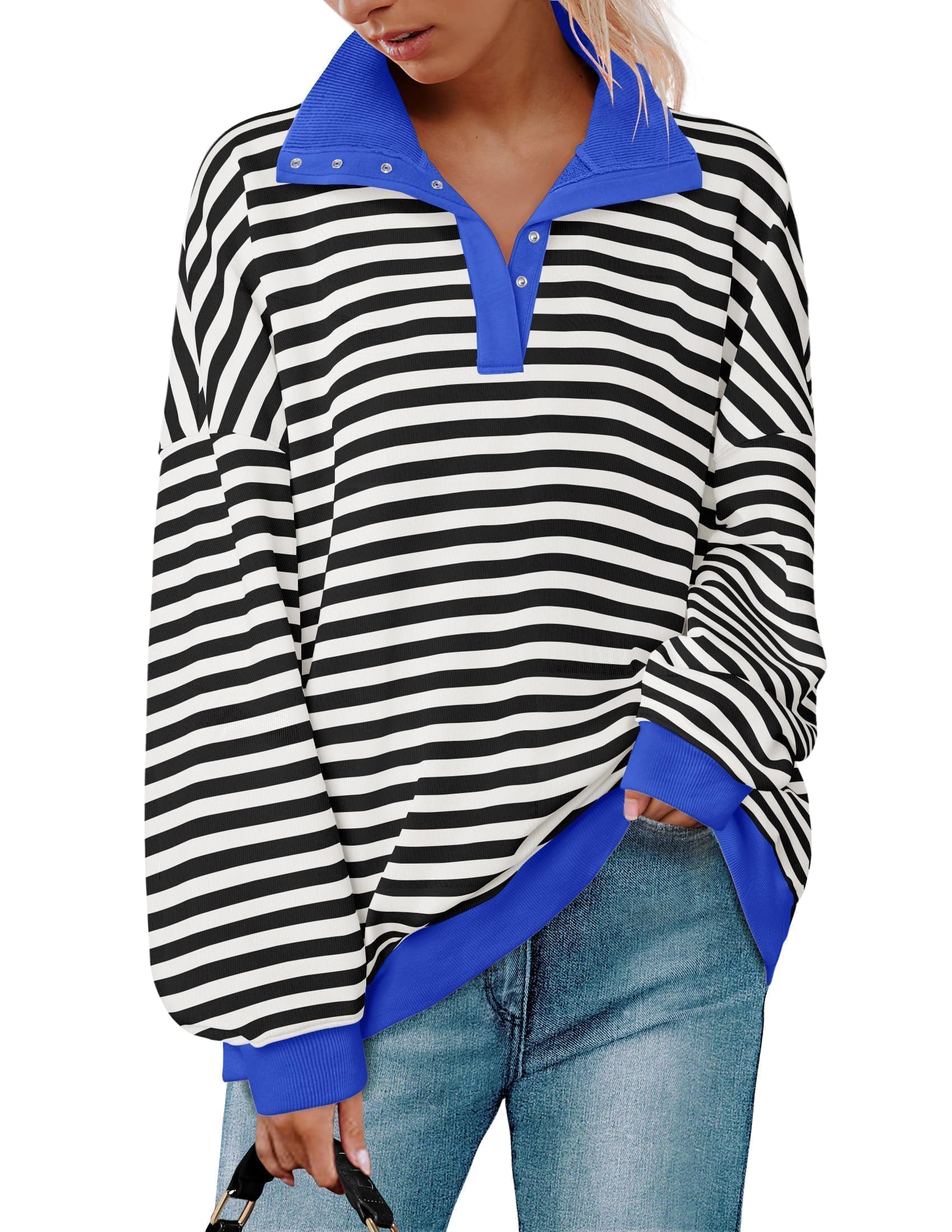 ZESICA Sweatshirts for Womens Long Sleeve Lapel V Neck Striped Oversized Tops