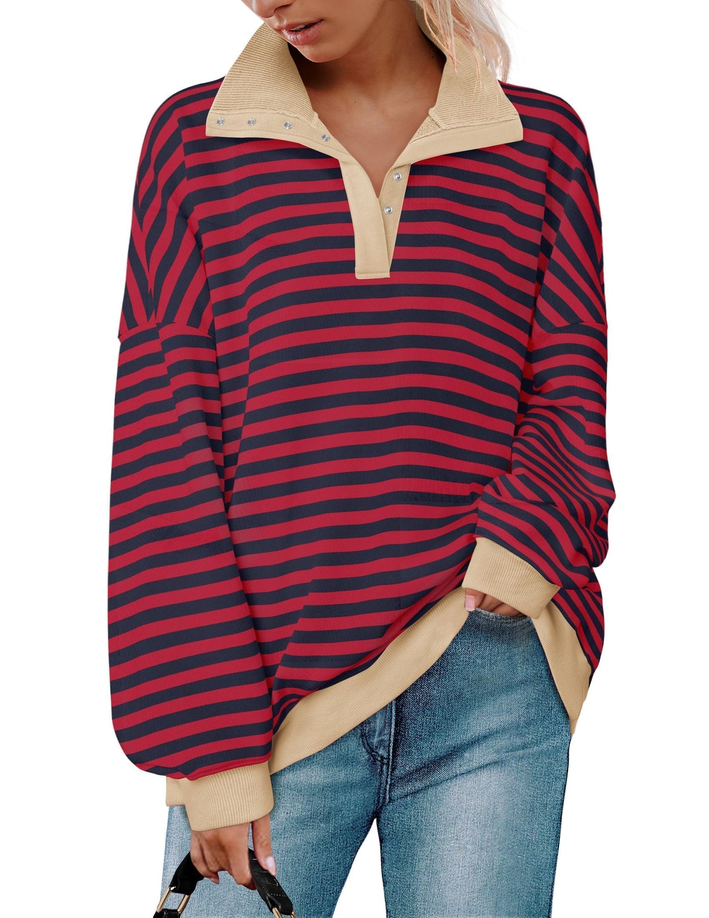ZESICA Sweatshirts for Womens Long Sleeve Lapel V Neck Striped Oversized Tops