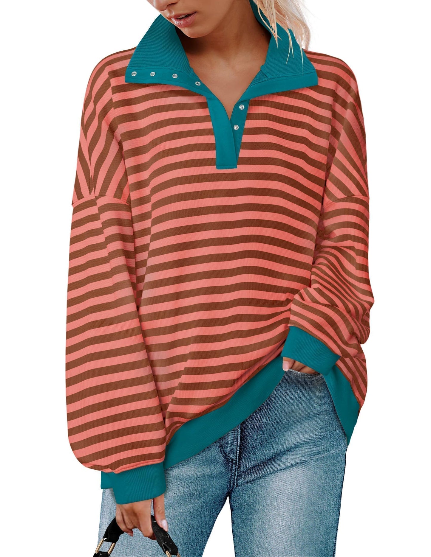 ZESICA Sweatshirts for Womens Long Sleeve Lapel V Neck Striped Oversized Tops