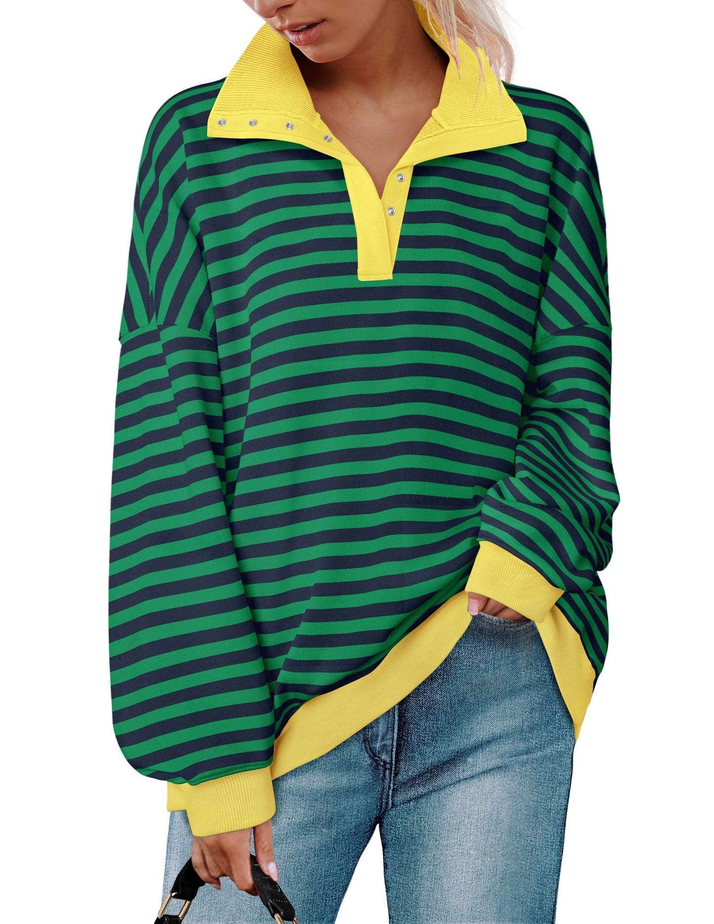 ZESICA Sweatshirts for Womens Long Sleeve Lapel V Neck Striped Oversized Tops