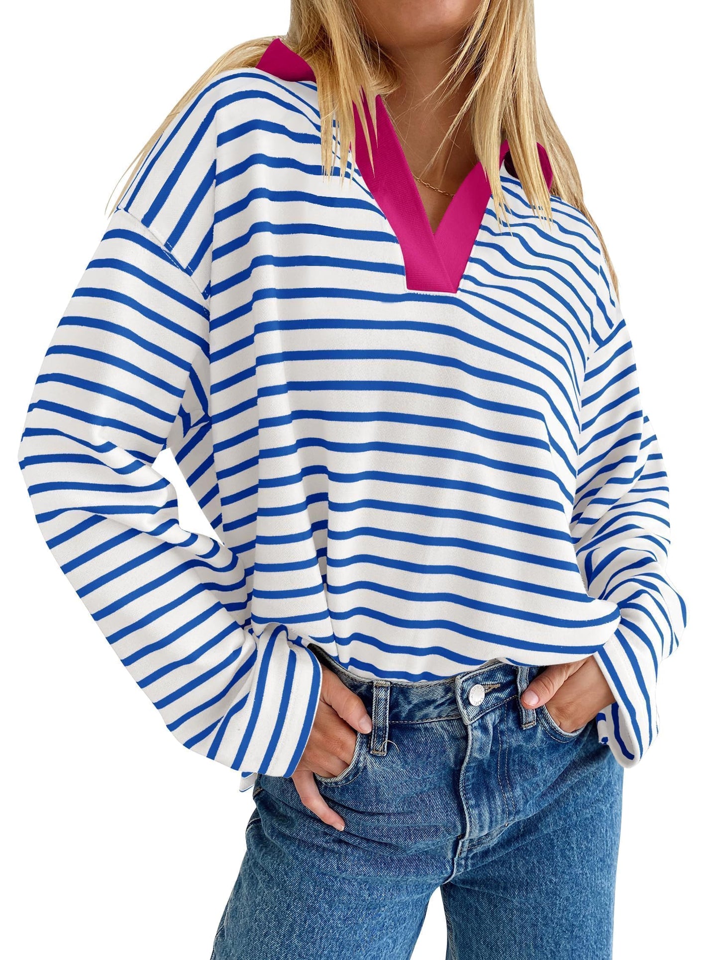 ZESICA Womens Striped Long Sleeve Tops Oversized Sweatshirt V Neck Loose Fit Tunic Tops Spring Casual Blouses