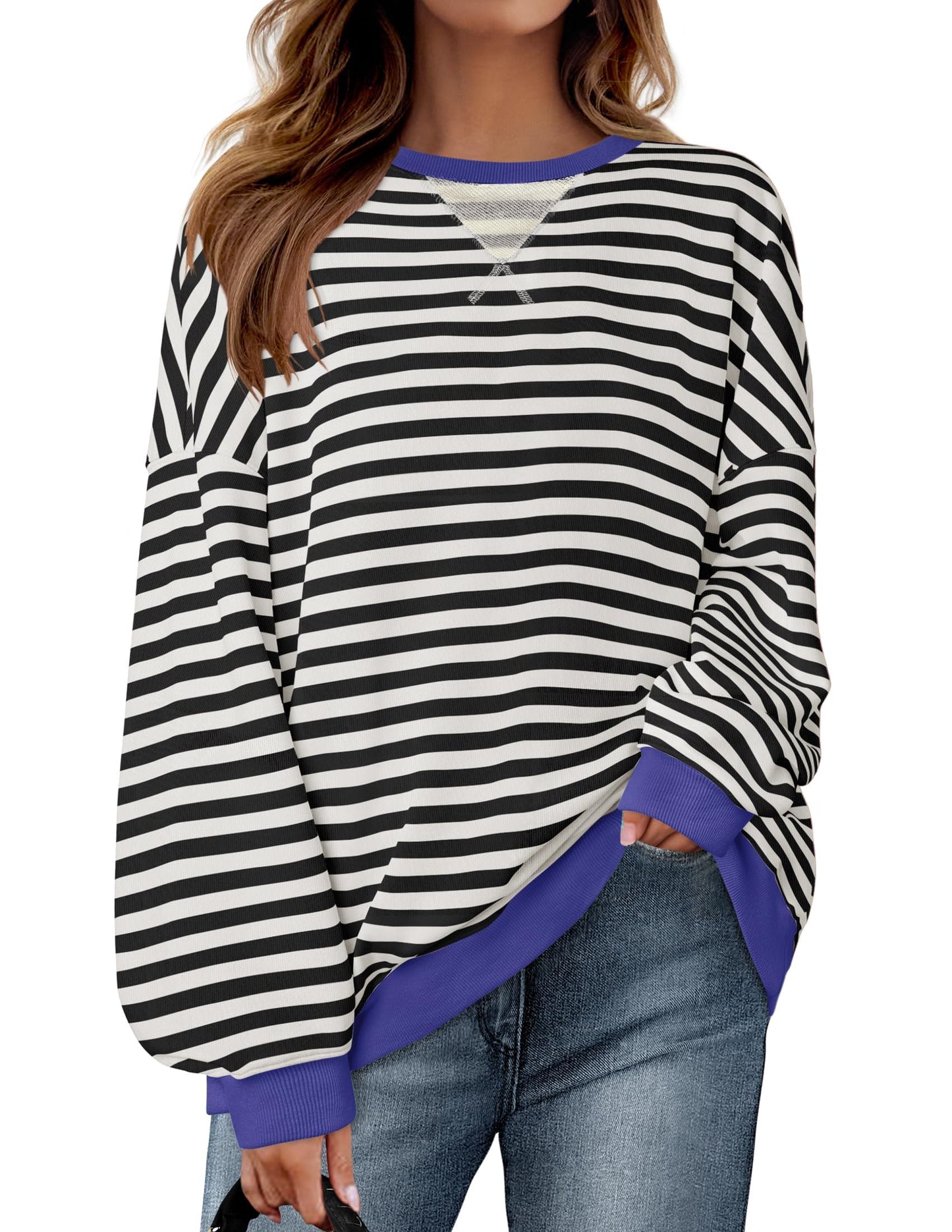 ZESICA Womens Casual Striped Pullover Tops Long Sleeve Shirts Crewneck Oversized Sweatshirts Spring Clothes