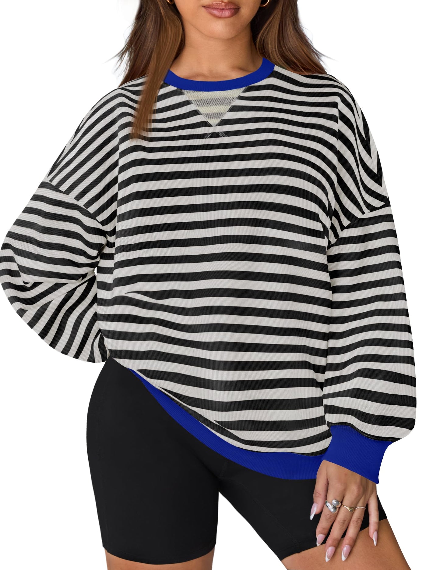 ZESICA Womens Casual Striped Pullover Tops Long Sleeve Shirts Crewneck Oversized Sweatshirts Spring Clothes