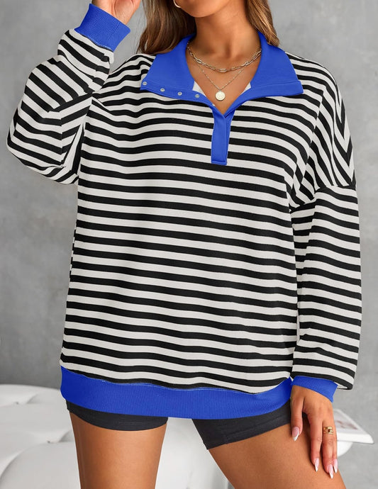 ZESICA Sweatshirts for Womens Long Sleeve Lapel V Neck Striped Oversized Tops