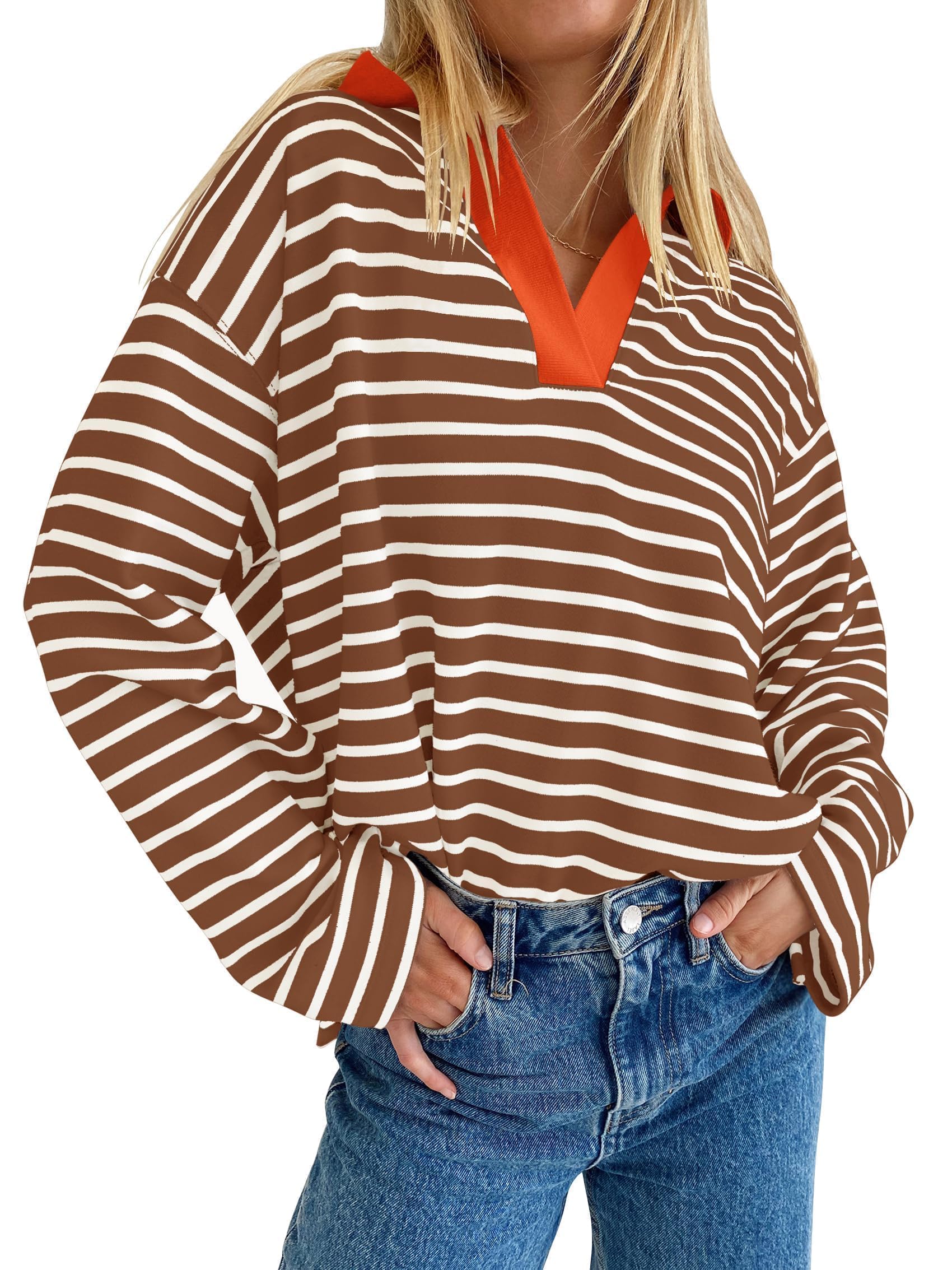 ZESICA Womens Striped Long Sleeve Tops Oversized Sweatshirt V Neck Loose Fit Tunic Tops Spring Casual Blouses