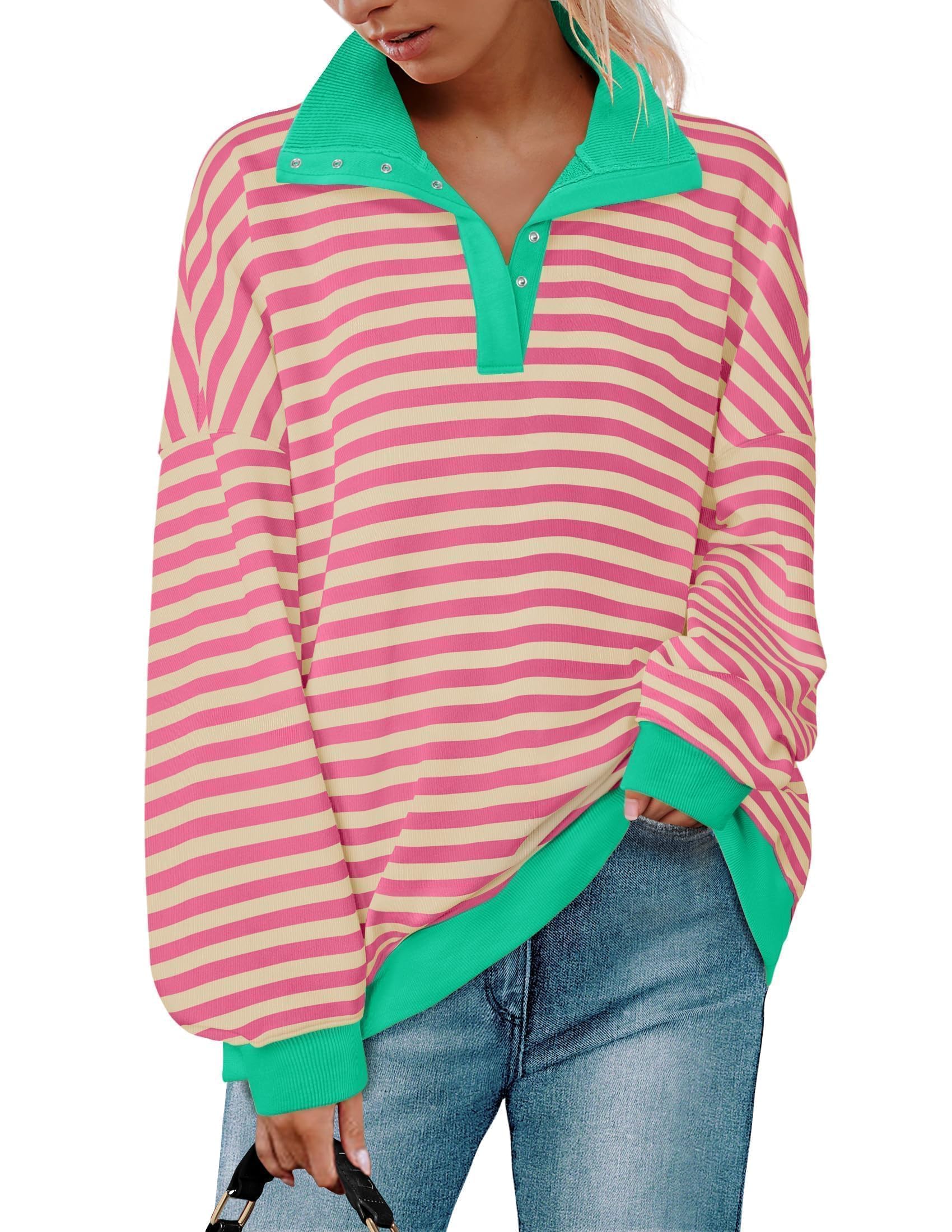 ZESICA Sweatshirts for Womens Long Sleeve Lapel V Neck Striped Oversized Tops