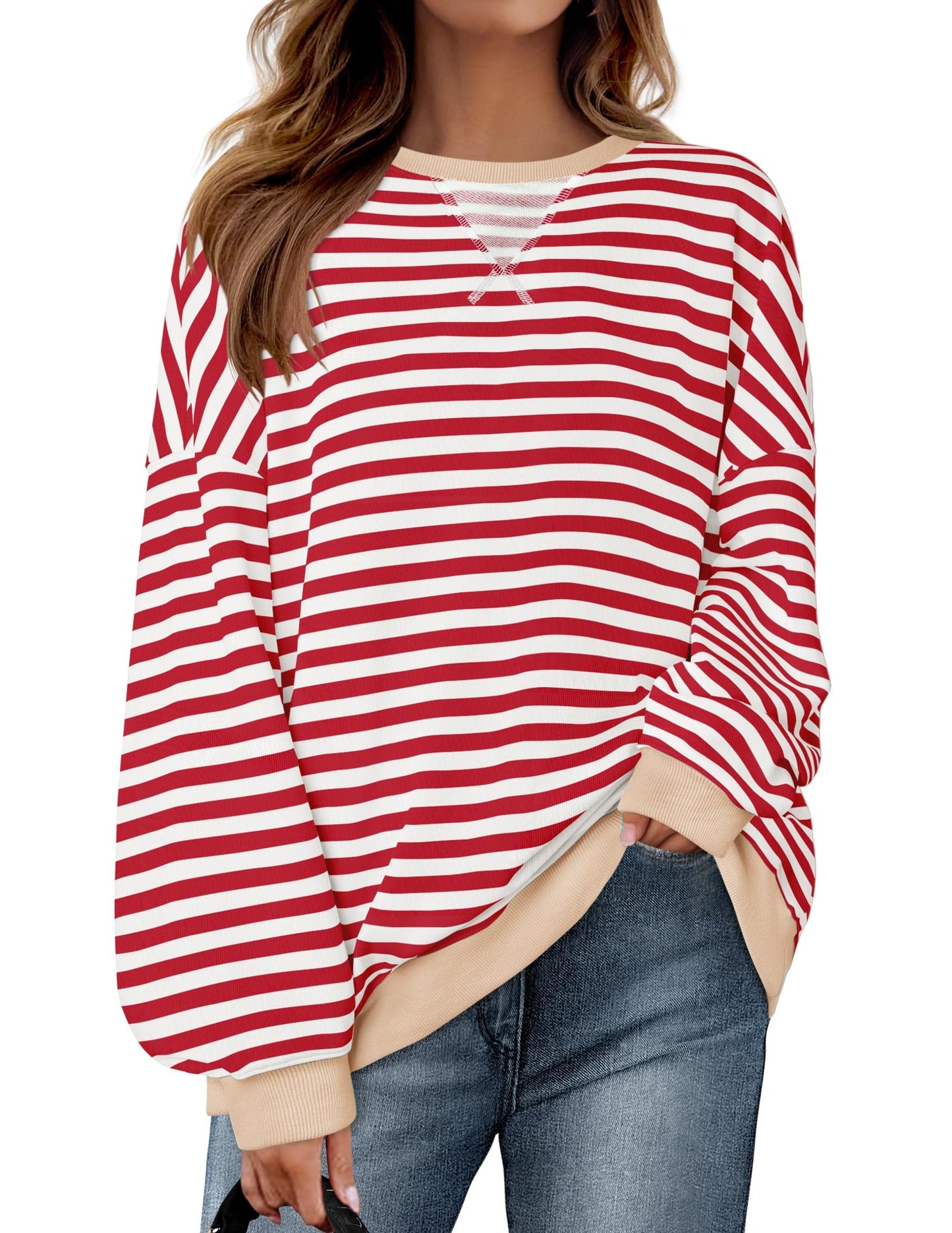 ZESICA Womens Casual Striped Pullover Tops Long Sleeve Shirts Crewneck Oversized Sweatshirts Spring Clothes