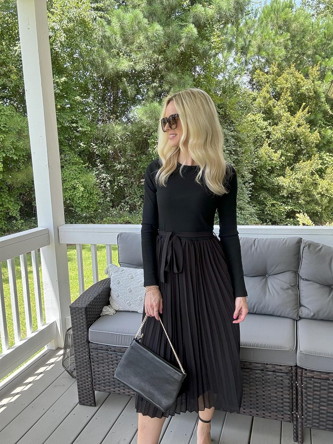ZESICA Women's Fall Long Sleeve Midi Dress Casual Crewneck Knit Belted Pleated A Line Flowy Party Dresses